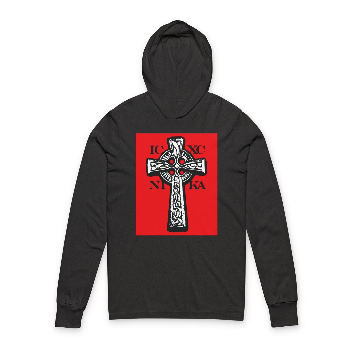Charcoal Black TriBlend hoodie featuring a bold ICXC NIKA Celtic Knotwork Cross in black and white on a red background, with "Jesus Christ Conquers" Greek letters—traditional Orthodox Christian design.