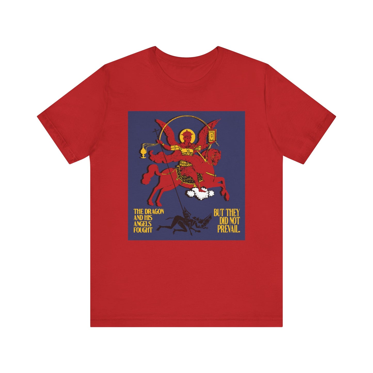 Red Archangel Michael Defeating Satan the Dragon tee (Rev 12:7-8), an Orthodox Christian lightweight unisex shirt featuring apocalyptic iconography—a bold nod to spiritual warfare.