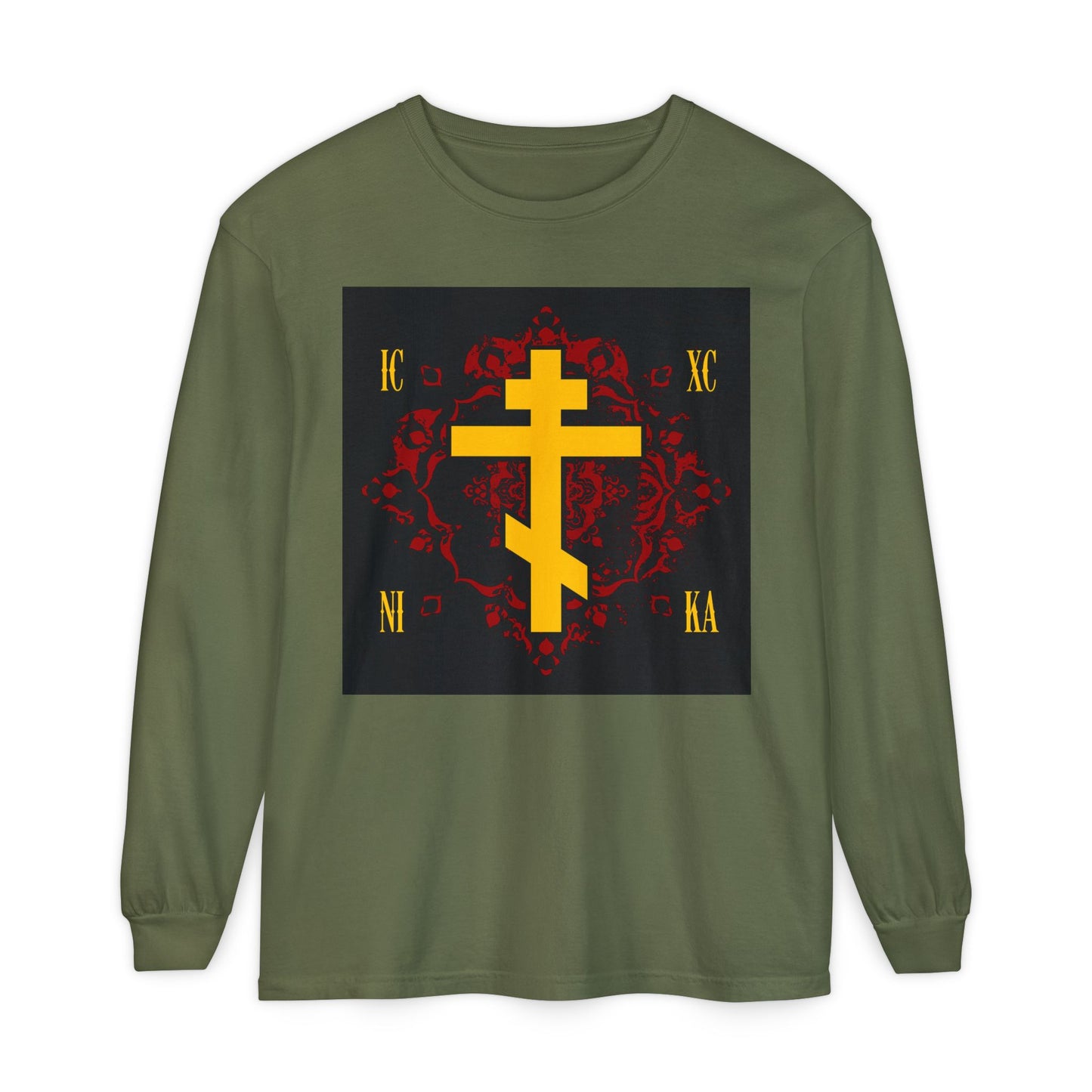 Hemp-colored long-sleeve shirt featuring the ICXC NIKA Yellow Russian Cross on an ornate red background—Jesus Christ Conquers—an Orthodox Christian design.