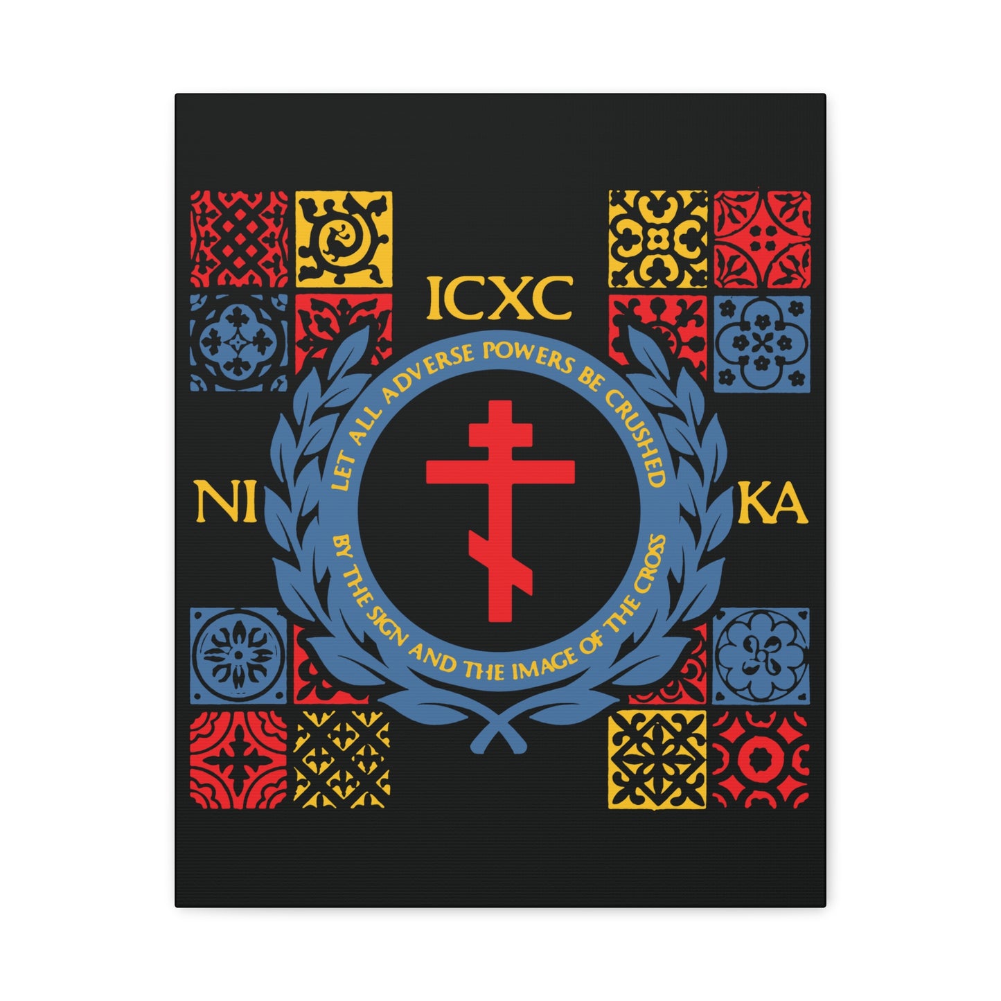 Let All Adverse Powers Be Crushed (Red, Yellow & Blue Design) | ICXC NIKA | Medieval Tile Design | Orthodox Christian Canvas Art