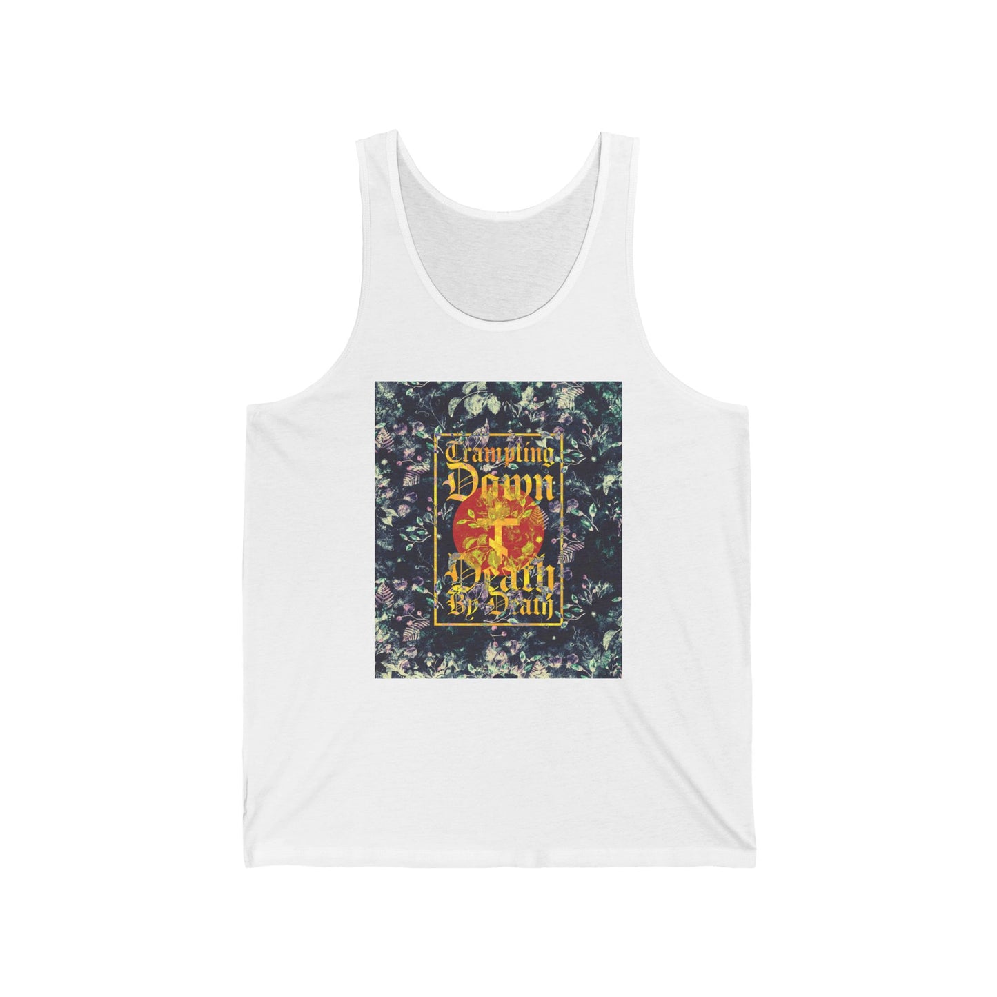 Trampling Down Death By Death | Paschal Floral Design with Gothic Script and Three-Bar Cross | Orthodox Christian Jersey Tank Top