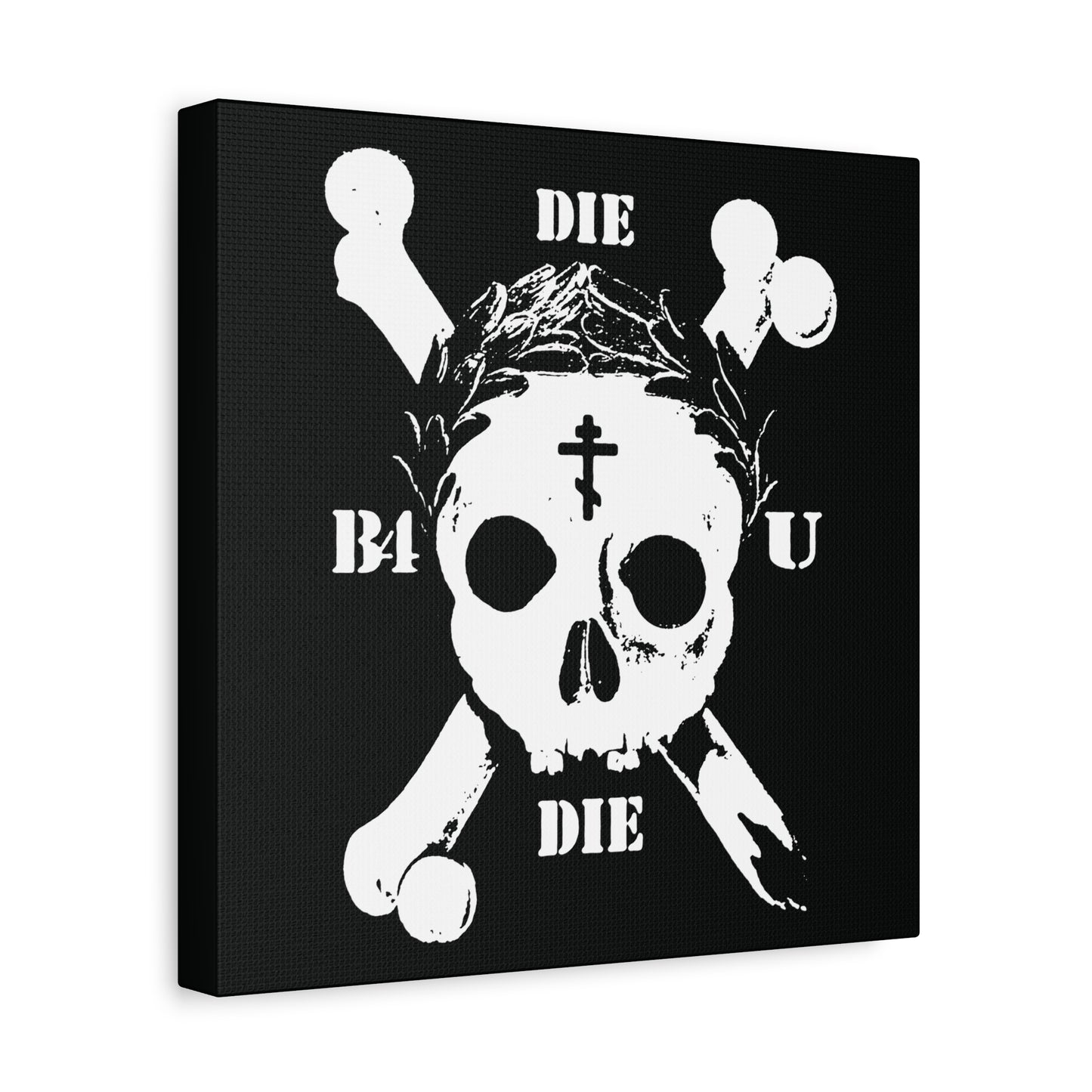 The "Die Before You Die" wall art features a retro skull & crossbones with an Orthodox cross and laurel victory wreath, inspired by Matthew 16:24-25, set on a black background. Perfect for ascetic Christian décor.