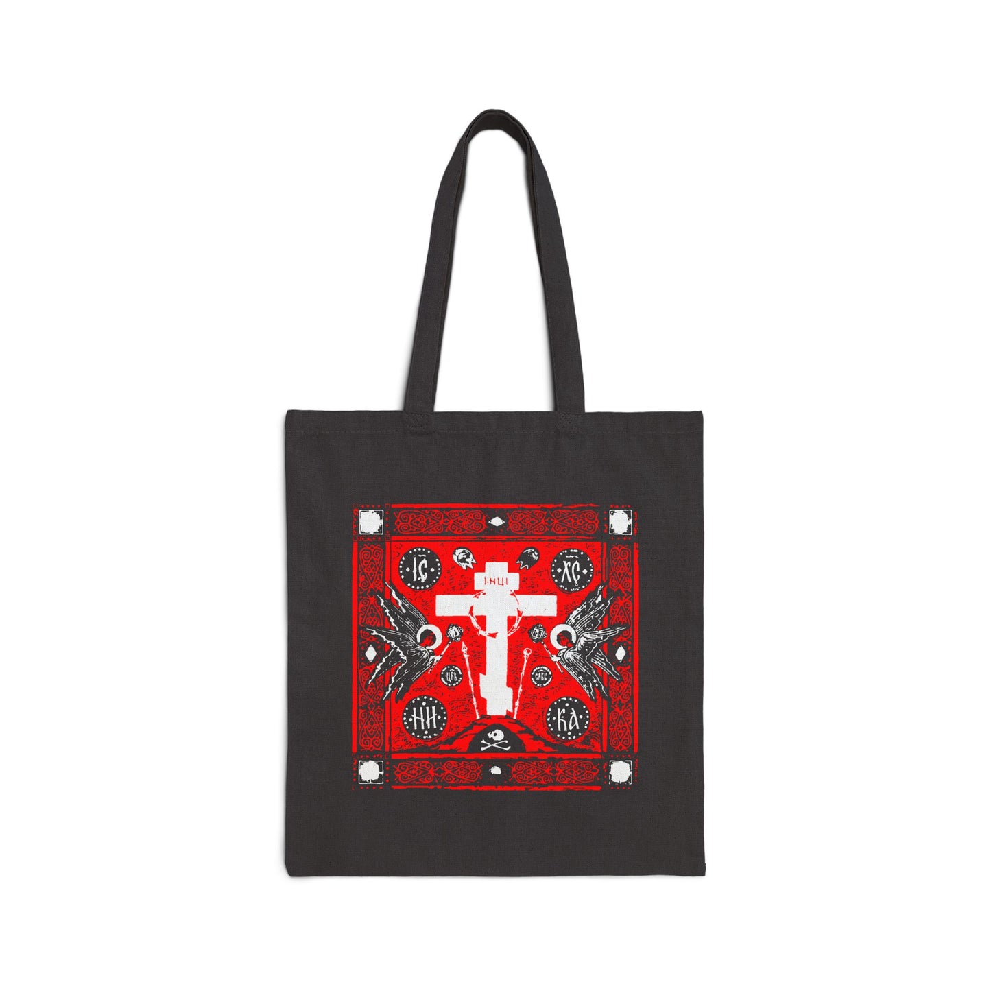 Carry inspiration daily with this black cotton tote bag, featuring the Adoration of Holy Cross IconoGraphic—a striking red, white, and black Russian cross design with angels—for a meaningful Orthodox Christian accessory.