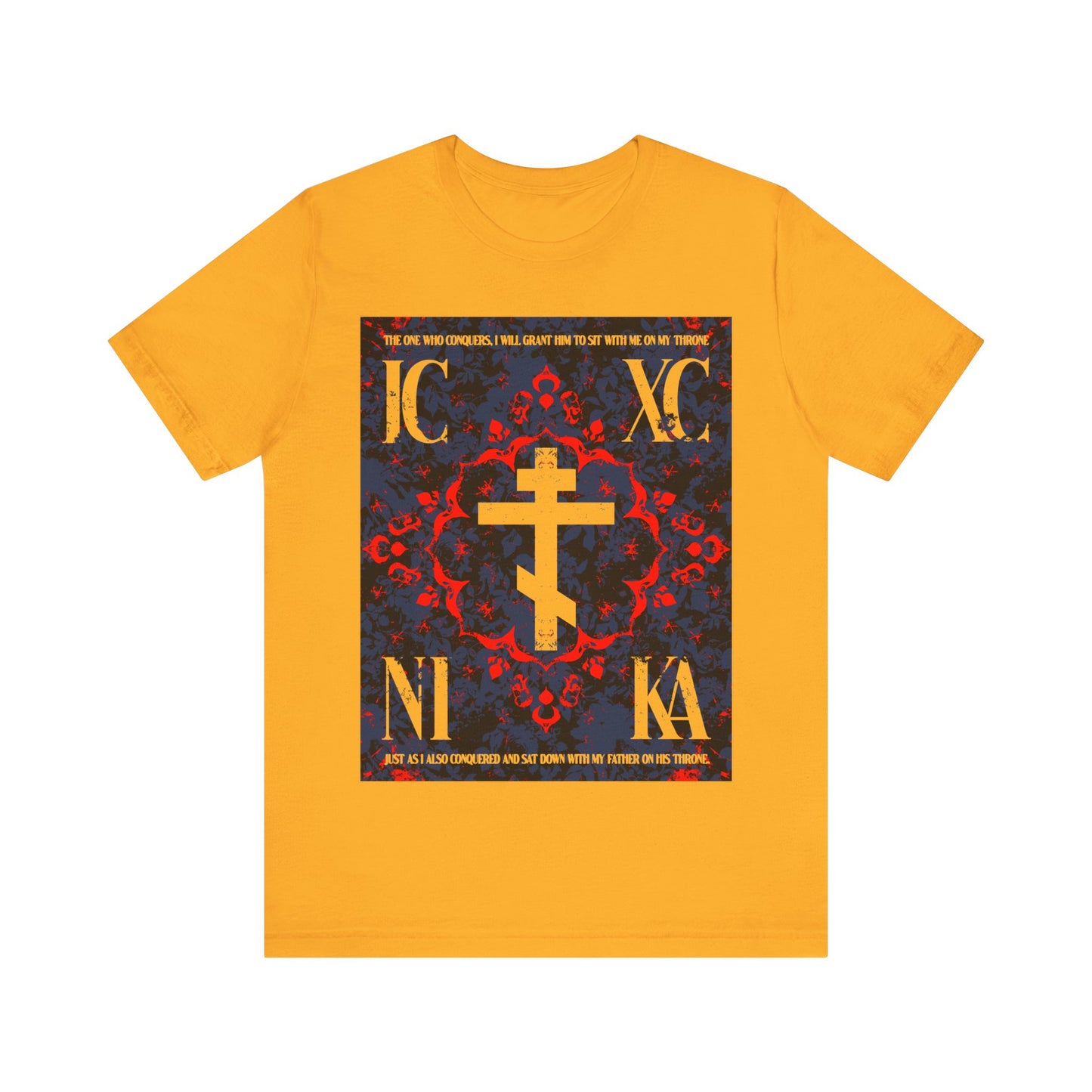 IC XC NIKA Orthodox Cross | Medieval Floral Design | The One Who Conquers (Revelation 3:21) | Orthodox Christian T-Shirt