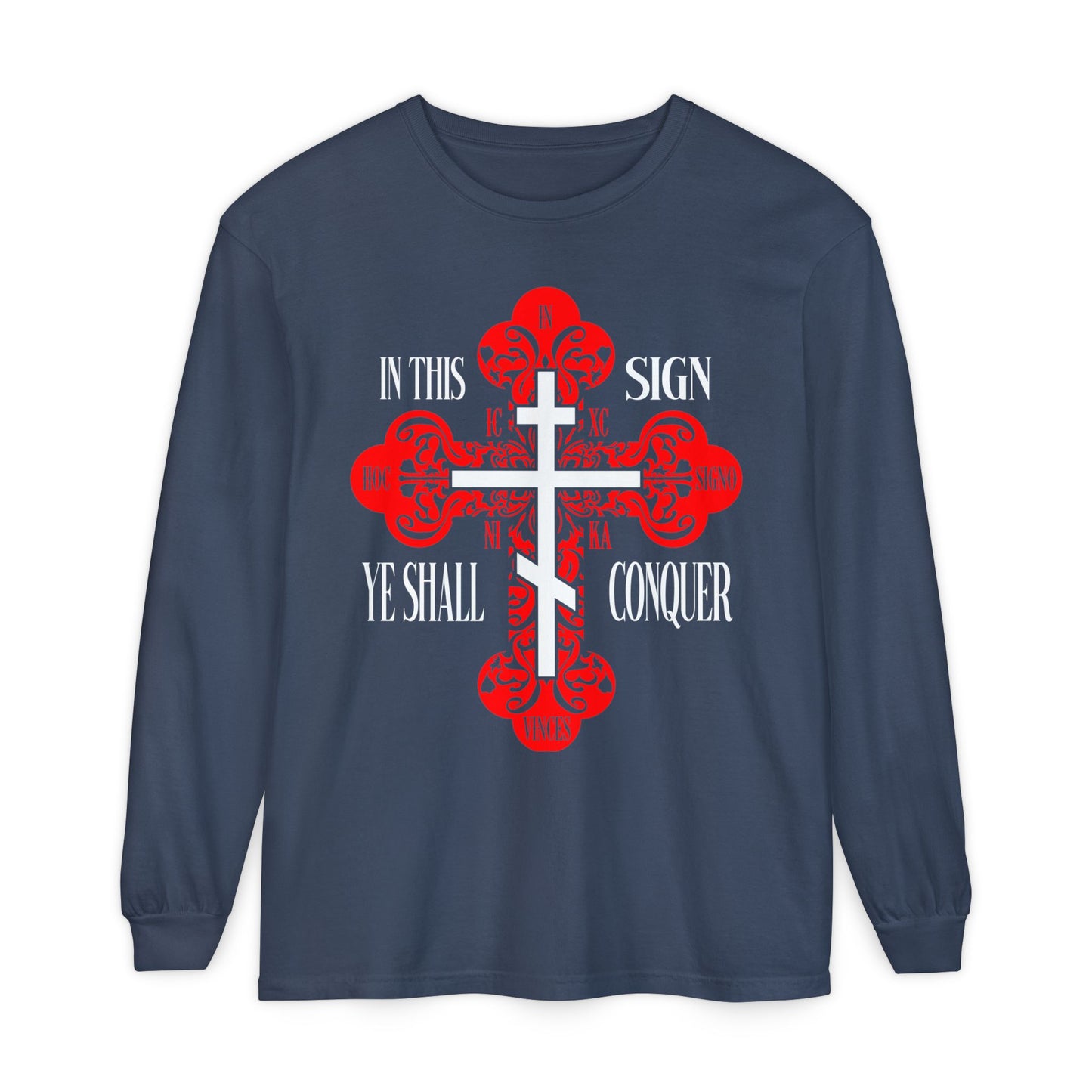Midnight long-sleeve shirt featuring a red ornate Orthodox Cross and the words "In This Sign Ye Shall Conquer"—a tribute to ICXC NIKA and Christian faith.
