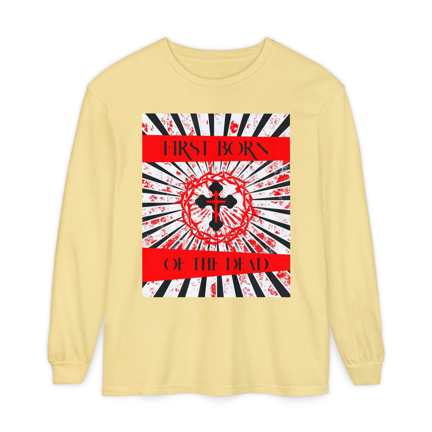First Born of the Dead | Orthodox Cross and Crown of Thorns | Red White and Black Textured Design with Rays | Orthodox Christian Long Sleeve Shirt