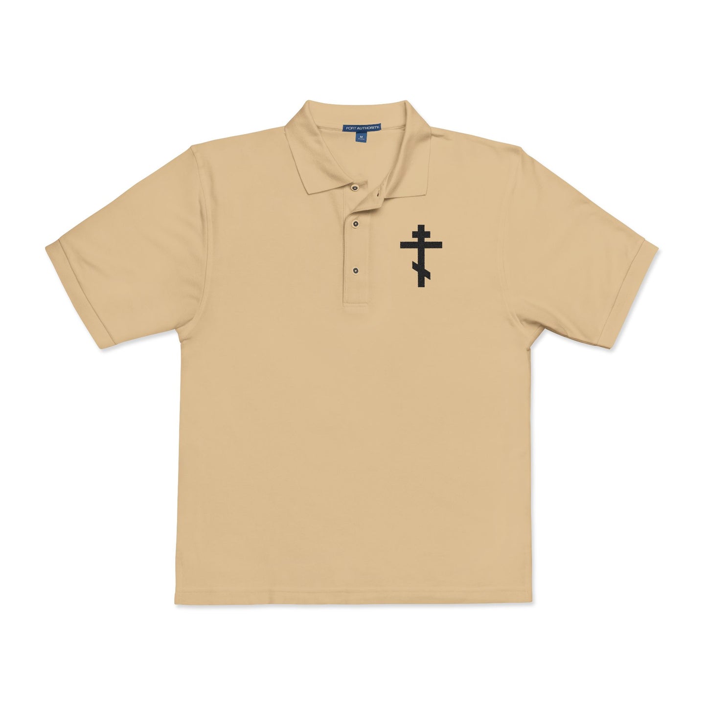 Embroidered Black Orthodox Cross | "May I never boast, except in the cross of our Lord Jesus Christ" (Gal 6:14) | Christian Polo Shirt