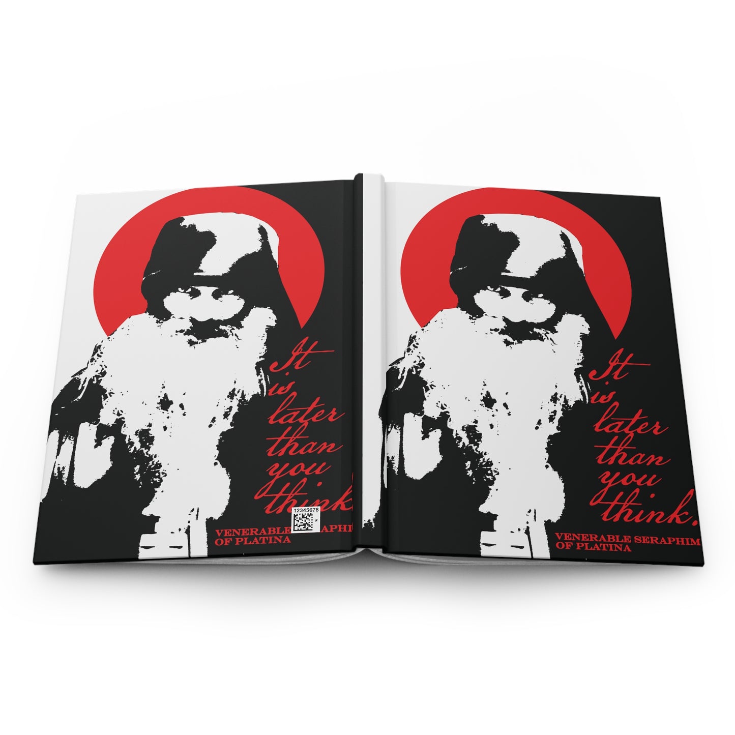 The Remembrance of Death journal "It's Later Than You Think" features a black and white illustration of a bearded man in a hood, set against a red circle, with red and white text by Fr Seraphim Rose, a modern Orthodox saint.