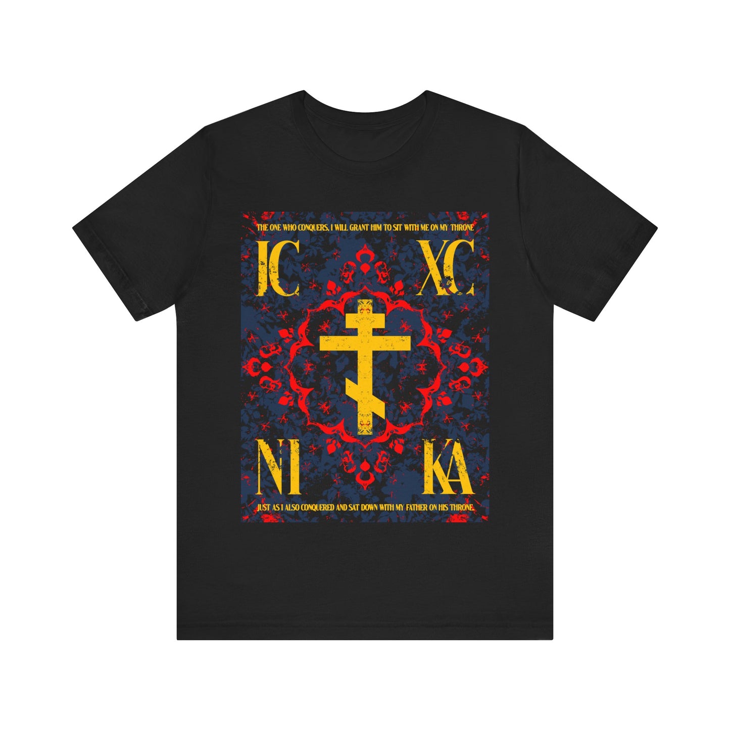 IC XC NIKA Orthodox Cross | Medieval Floral Design | The One Who Conquers (Revelation 3:21) | Orthodox Christian T-Shirt