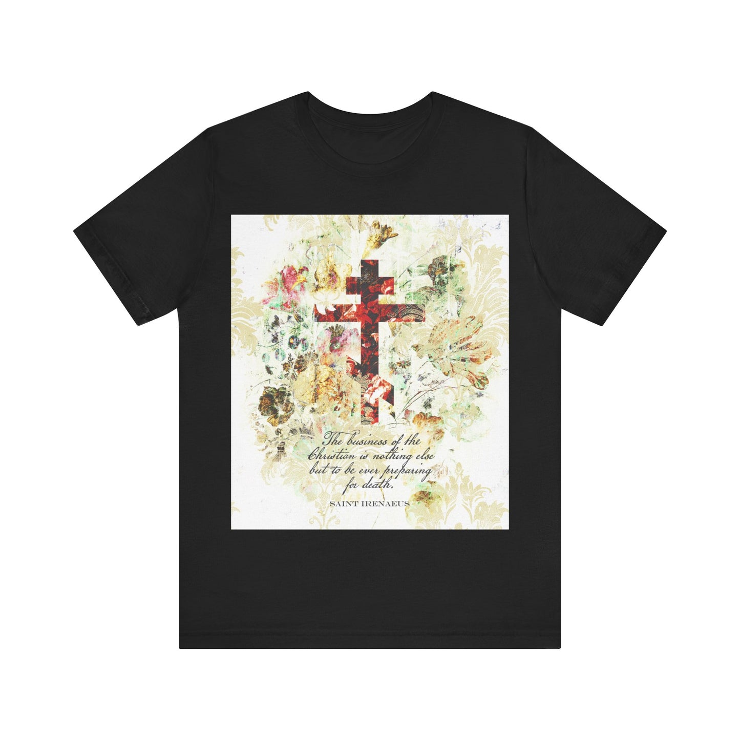 Black t-shirt with a white and beige floral scrapbook texture cross in arts & crafts style, inspired by St Irenaeus and Orthodox Christian wisdom. "Preparing For Death" design blends faith and artistry.