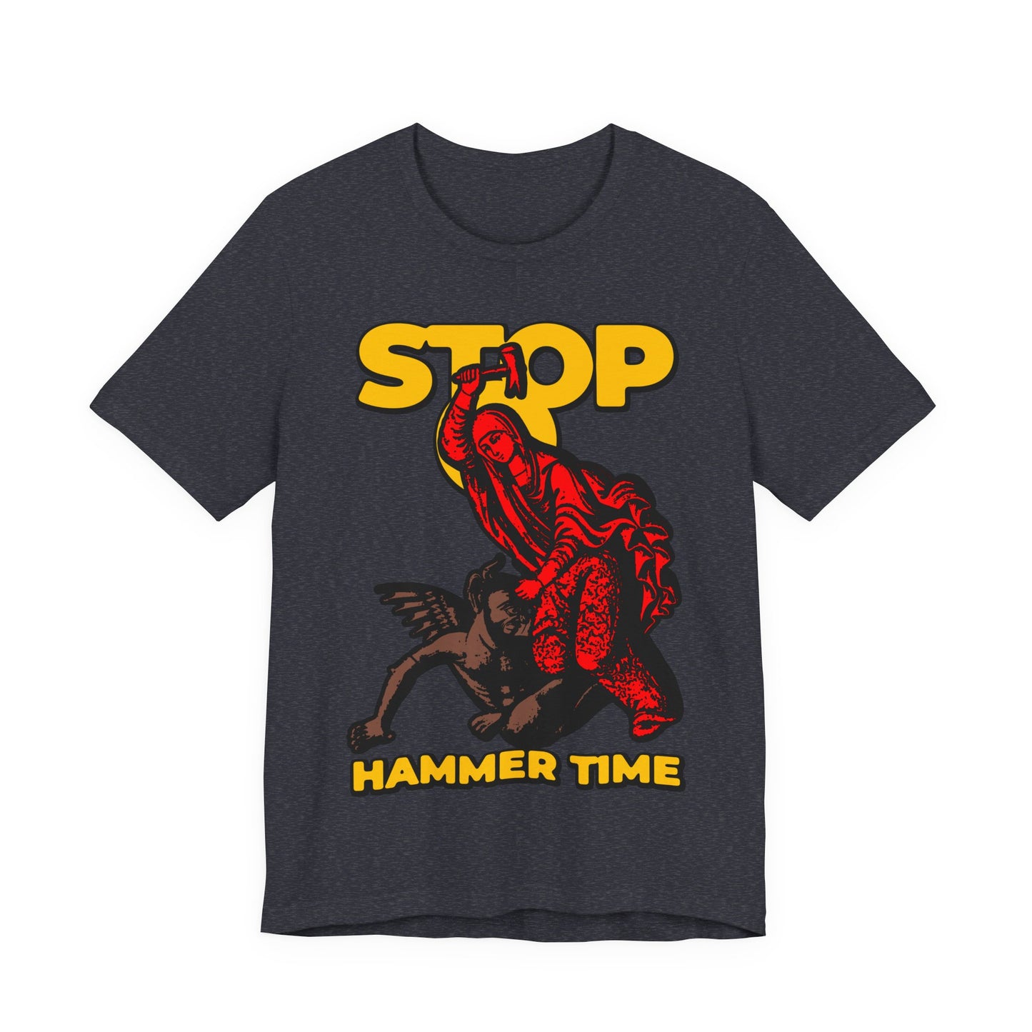 Unisex tee featuring St Marina of Antioch beating the devil with a hammer, inspired by Orthodox iconography; text reads "Stop, Hammer Time" with bold red, blue, and yellow modern design.