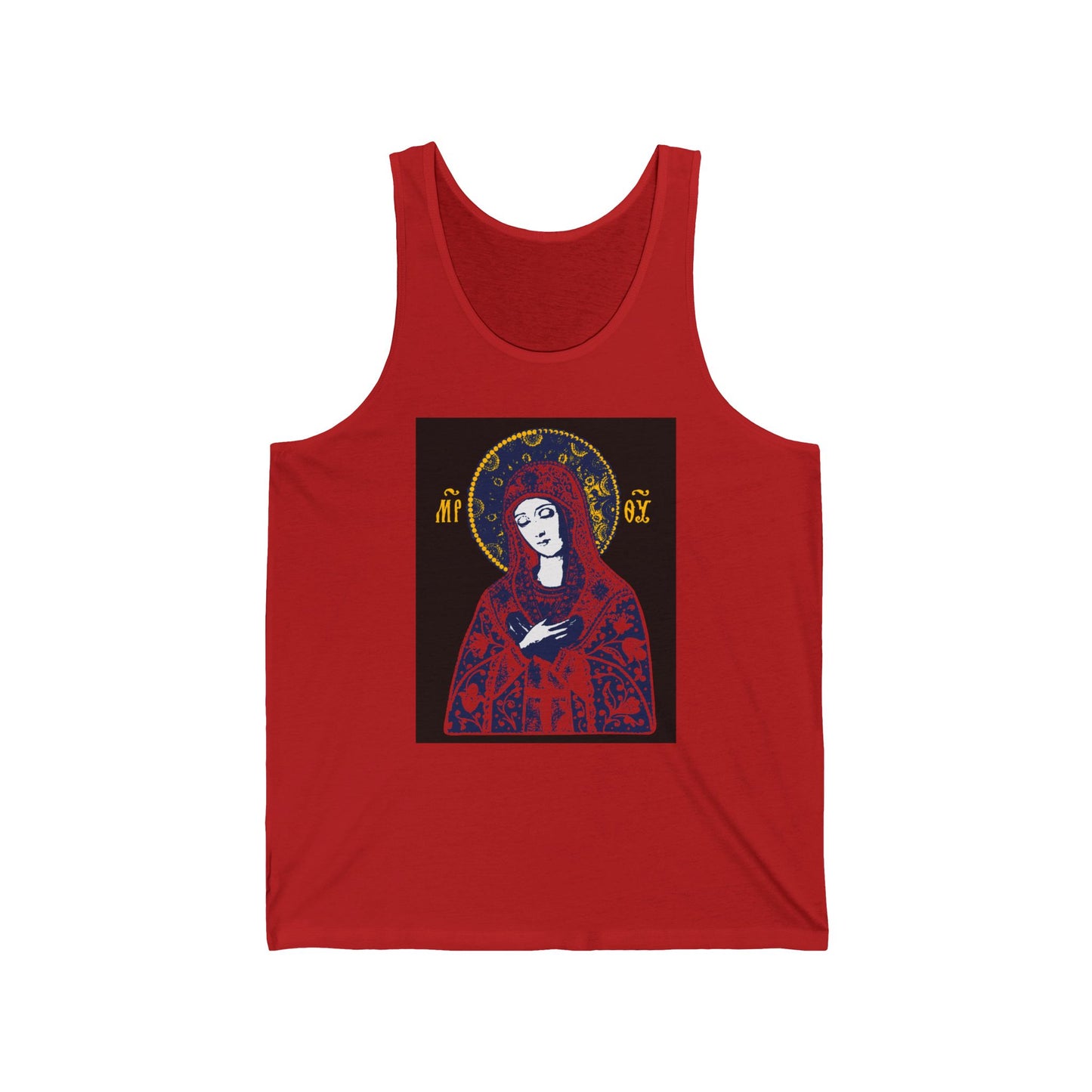 Joy of All Joys Tenderness Theotokos Iconographic Based on Traditional Orthodox Iconography | Red Design | Orthodox Christian Jersey Tank Top