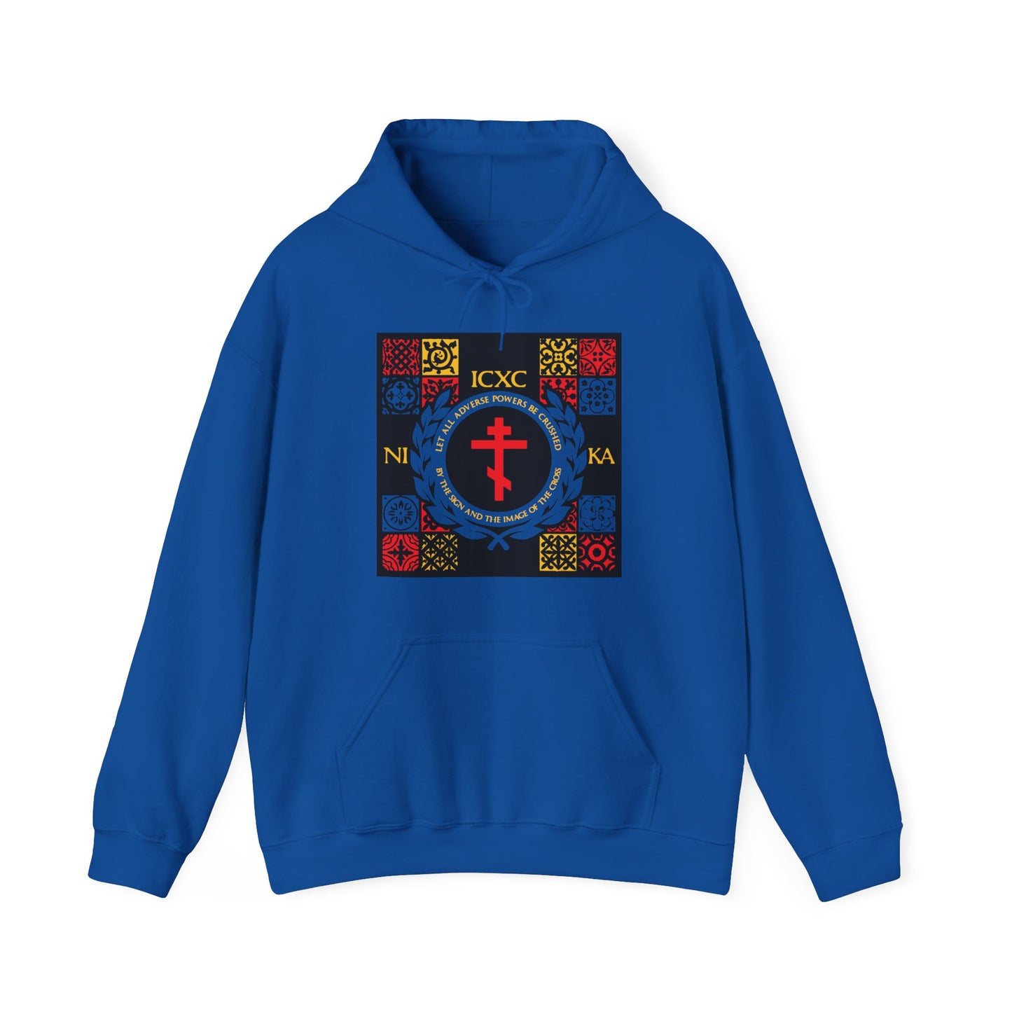 Let All Adverse Powers Be Crushed (Red, Yellow & Blue Design) | ICXC NIKA | Medieval Tile Design | Orthodox Christian Hoodie