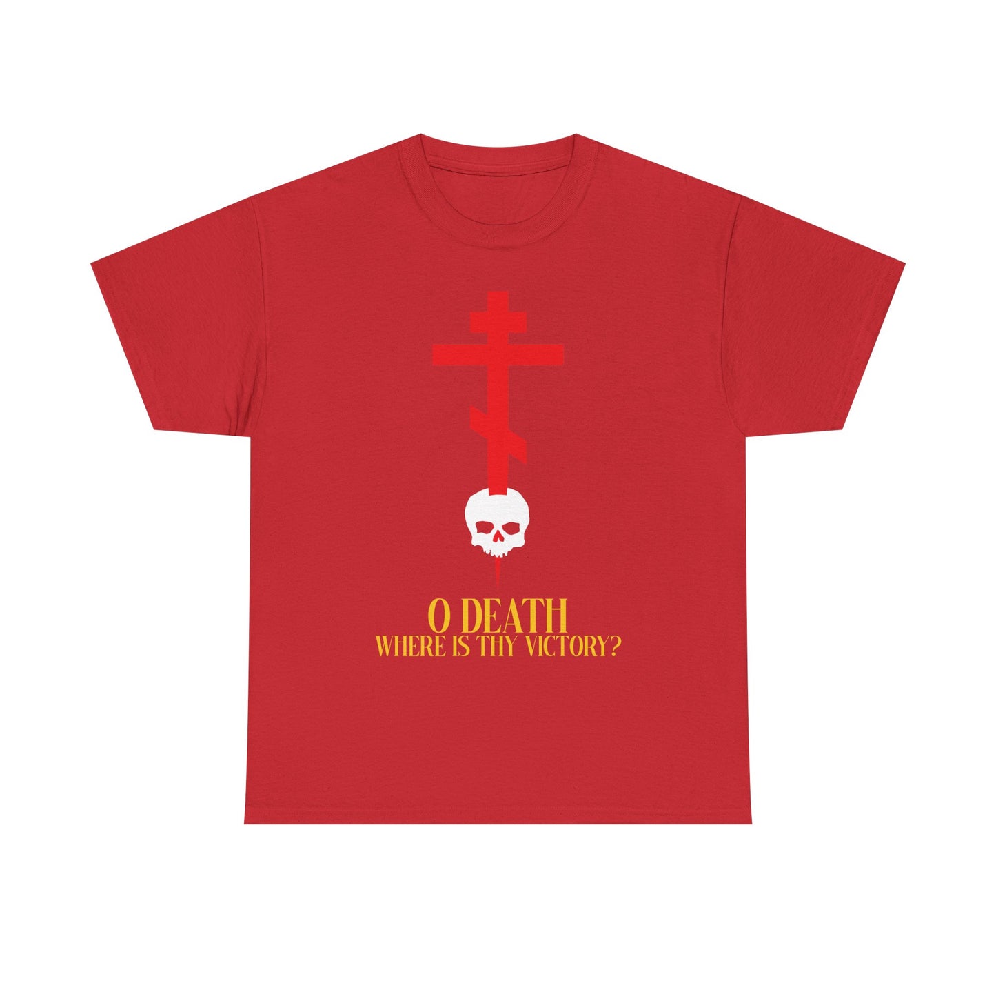O Death Where is Thy Victory? (1 Corinthians 15:55) | Cross Stabbing Skull | Jesus Christ is King | Orthodox Midweight Cotton Unisex Tee