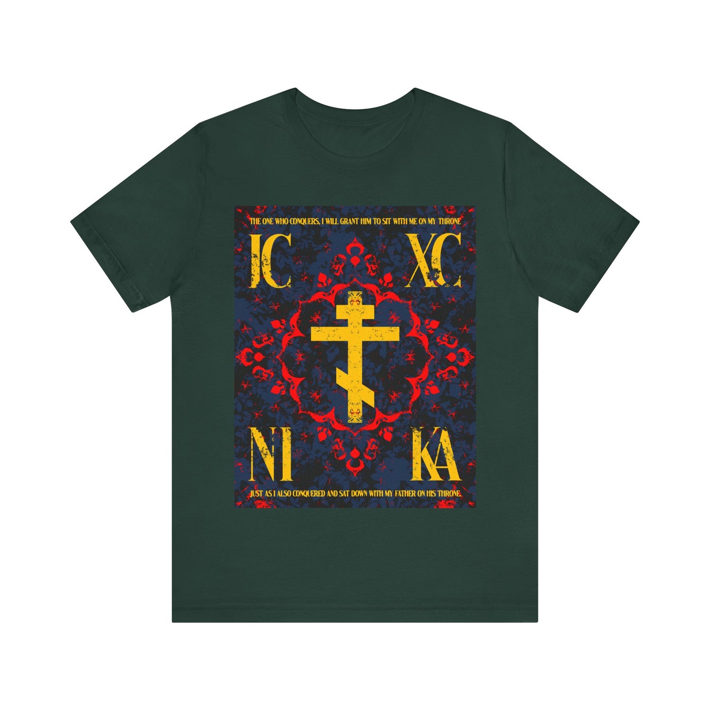 IC XC NIKA Orthodox Cross | Medieval Floral Design | The One Who Conquers (Revelation 3:21) | Orthodox Christian T-Shirt