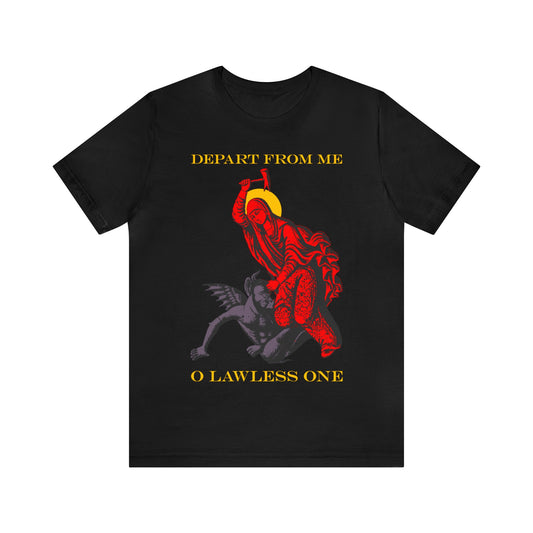 Black "St Marina IconoGraphic" T-shirt featuring Saint Marina beating the devil with a hammer and the text "Depart from Me O Lawless One." Bestselling Orthodox Christian apparel.