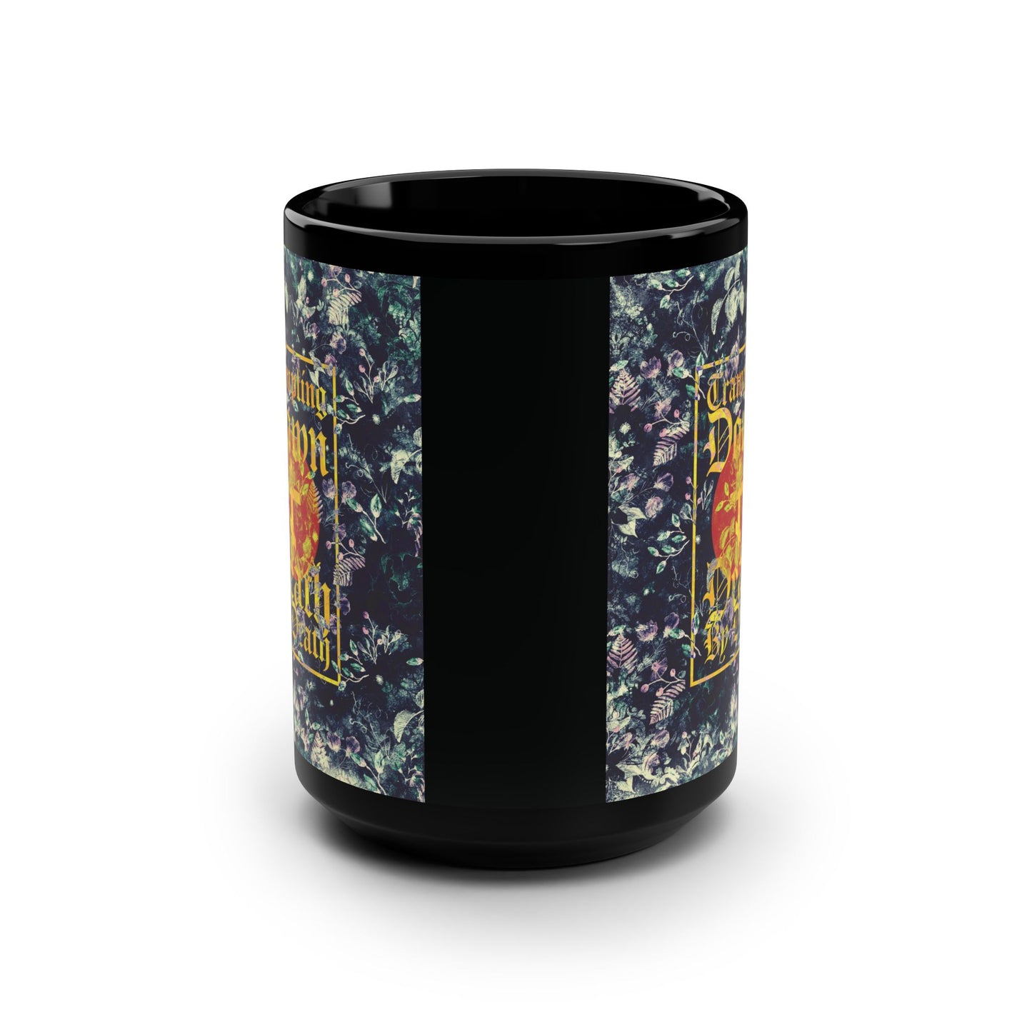 Trampling Down Death By Death | Paschal Floral Design with Gothic Script and Three-Bar Cross | Orthodox Christian Black Mug