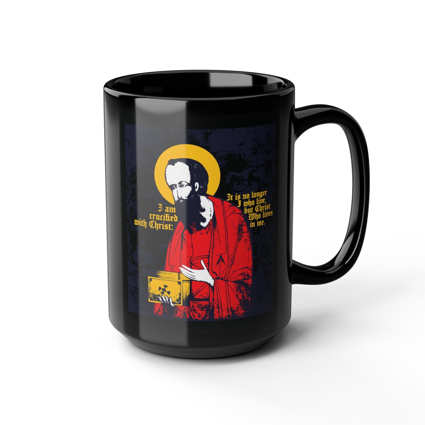 St Paul Holding Gospel Iconographic | I am crucified with Christ (Galatians 2:20) | Orthodox Christian Black Mug