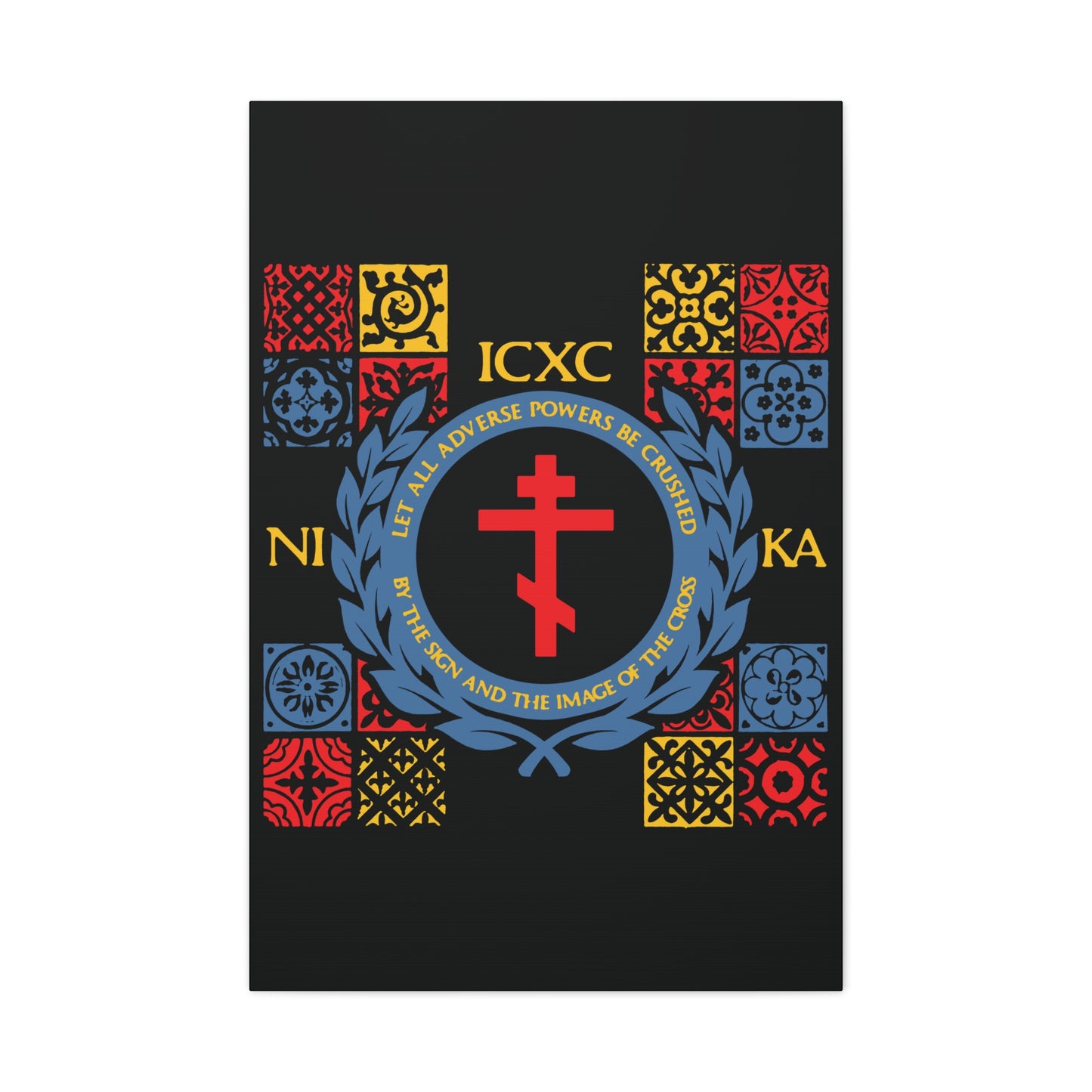 Let All Adverse Powers Be Crushed (Red, Yellow & Blue Design) | ICXC NIKA | Medieval Tile Design | Orthodox Christian Canvas Art
