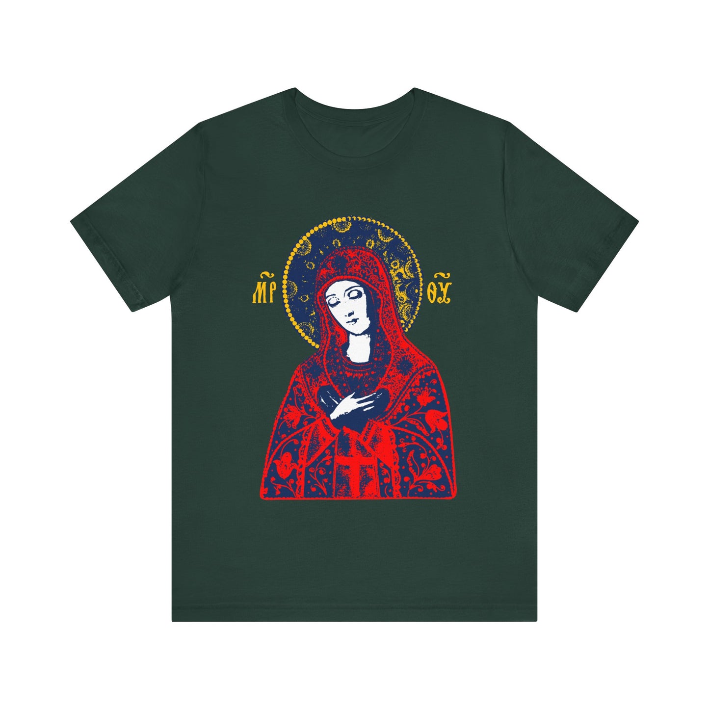 Forest T-shirt featuring the Joy of All Joys Tenderness Theotokos icon in a bright red Orthodox design, inspired by traditional iconography, with ornate details and a halo.