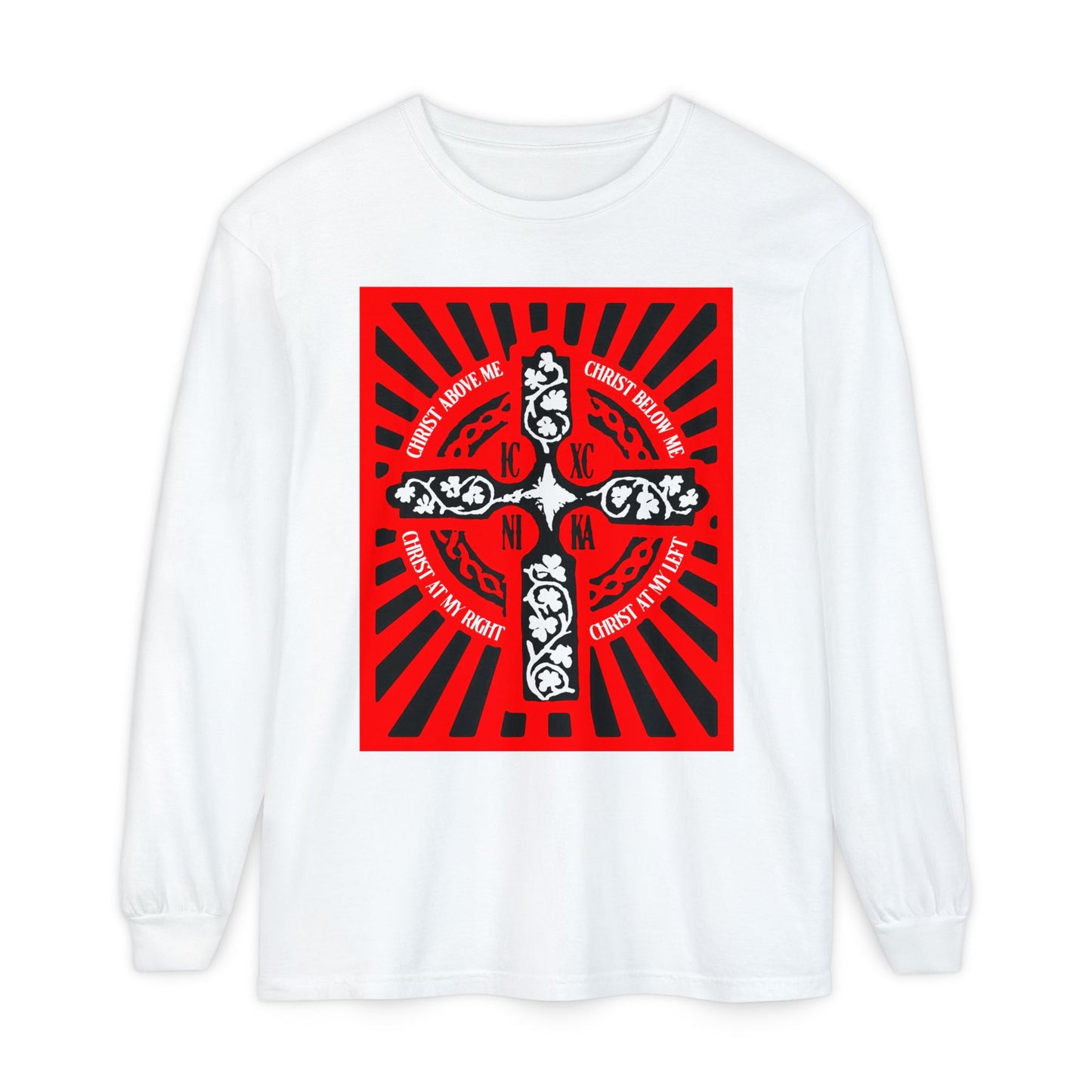 Red ICXC NIKA Enniskillen Celtic Cross | Lorica of St. Patrick | Shield Prayer | Orthodox Christian Long Sleeve Shirt