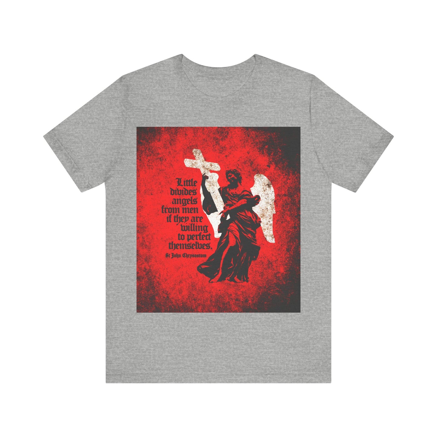 The "Little Divides Angels from Men" Orthodox Christian T-shirt in Athletic Heather features St. John Chrysostom’s quote and a textured cemetery angel, blending faith and style for those seeking Christian perfection.