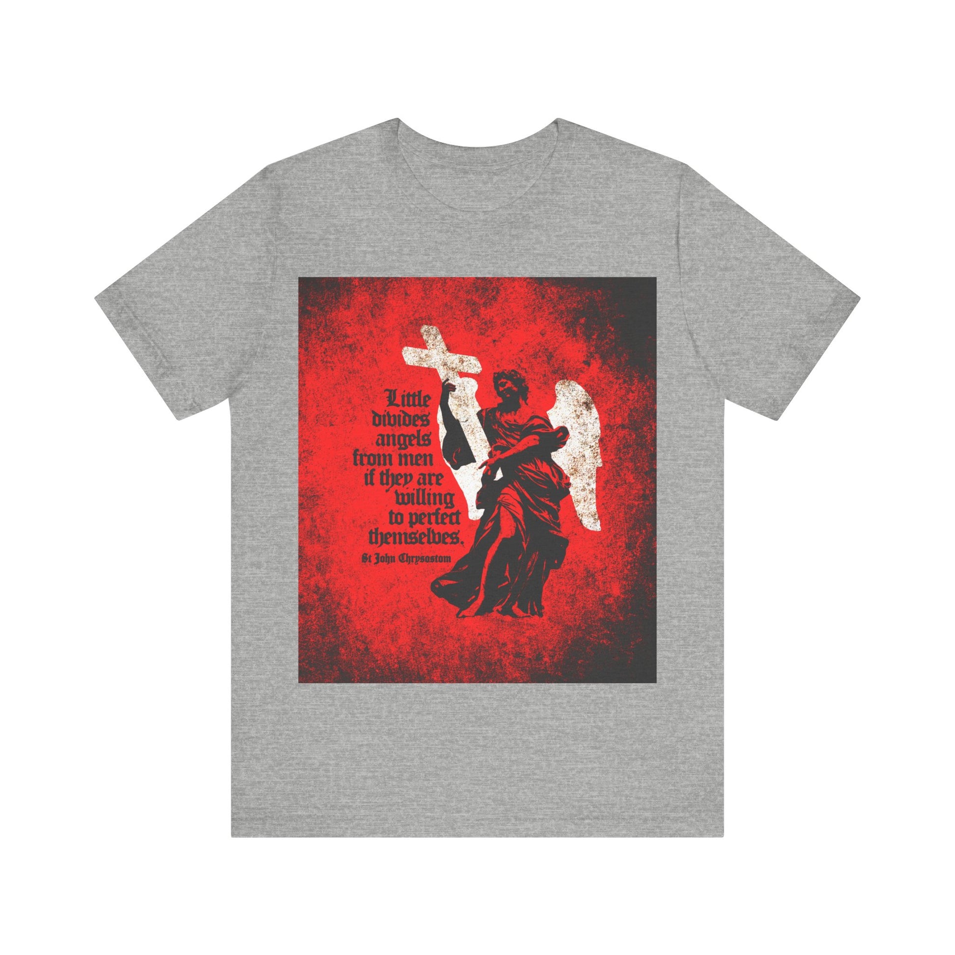 The "Little Divides Angels from Men" Orthodox Christian T-shirt in Athletic Heather features St. John Chrysostom’s quote and a textured cemetery angel, blending faith and style for those seeking Christian perfection.