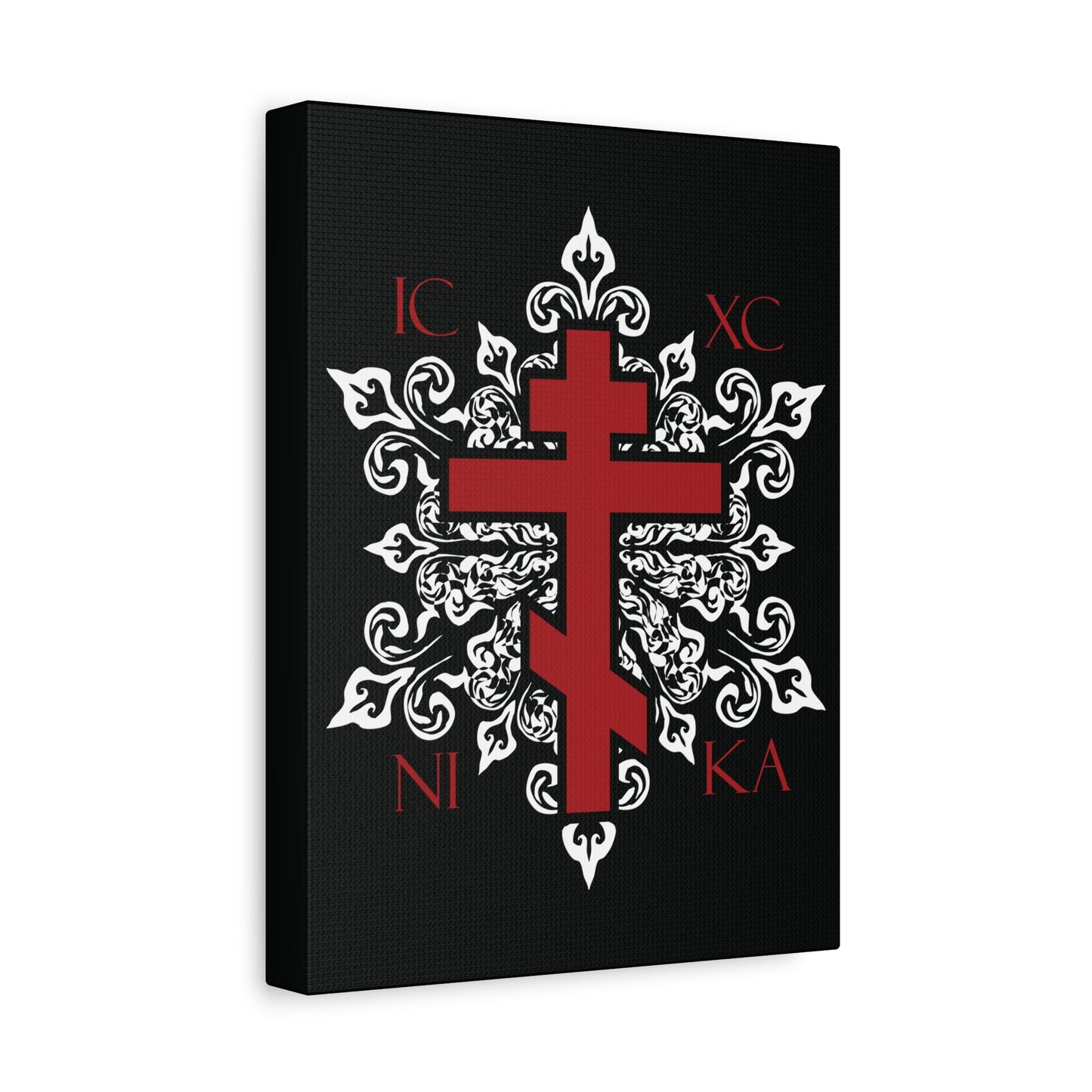 ICXC / NIKA Red Orthodox Cross on Ornate White Medieval Floral Design | Exclusive Best-Selling | Orthodox Christian Canvas Art