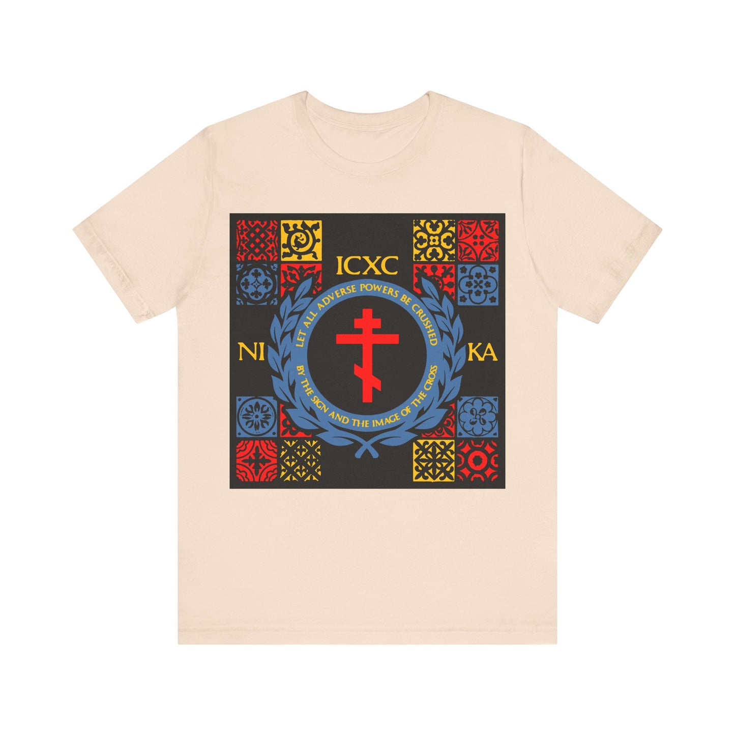 Let All Adverse Powers Be Crushed (Red, Yellow & Blue Design) | ICXC NIKA | Medieval Tile Design | Orthodox Christian T-Shirt