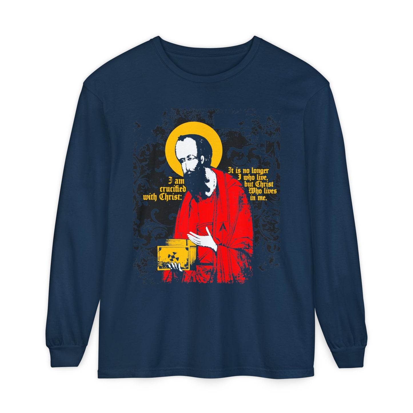 True Navy long-sleeve shirt featuring an iconographic graphic of St. Paul holding the gospel and “I am crucified with Christ (Galatians 2:20),” celebrating new life in Christ. Orthodox Christian design.