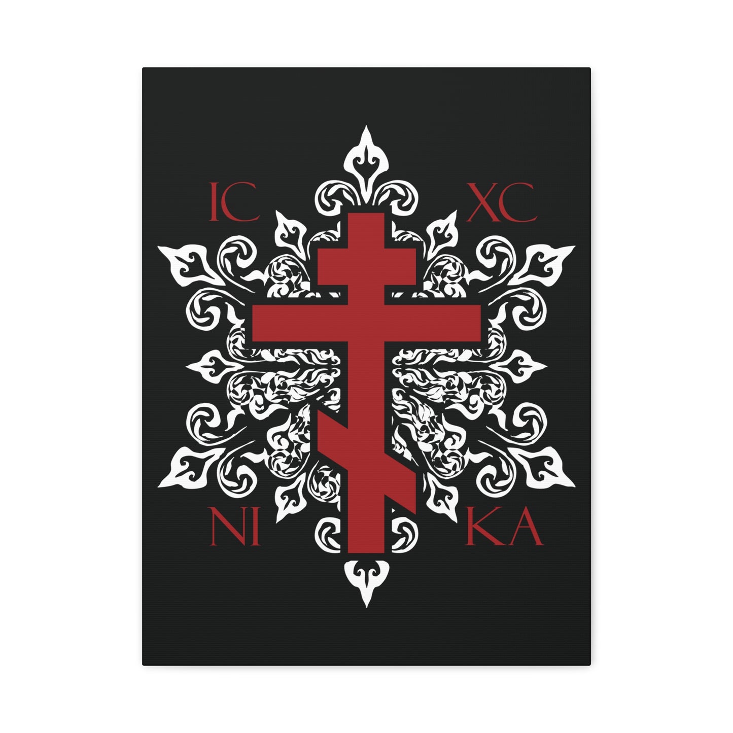 ICXC / NIKA Red Orthodox Cross on Ornate White Medieval Floral Design | Exclusive Best-Selling | Orthodox Christian Canvas Art