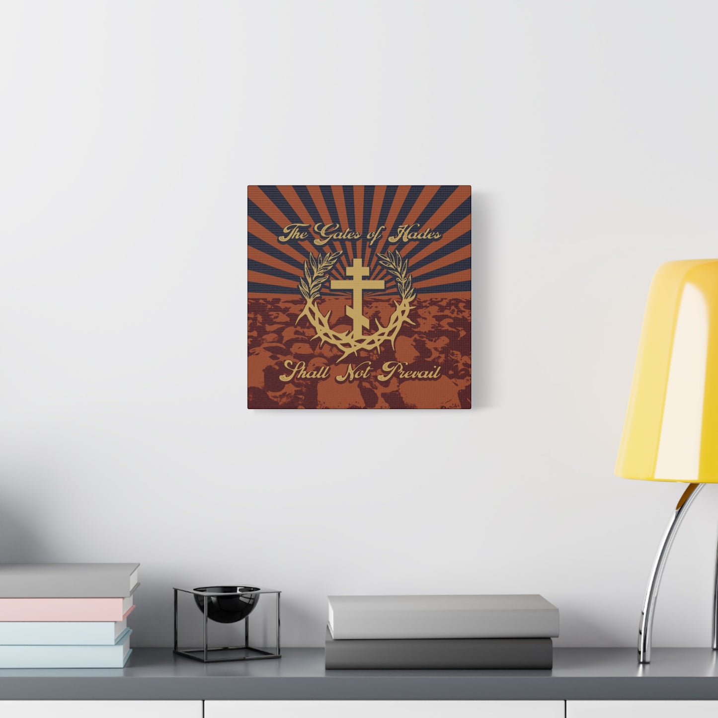 The Gates of Hades Shall Not Prevail | Cross with Wreath & Crown of Thorns | Skulls and Rays | Orthodox Christian Canvas Art
