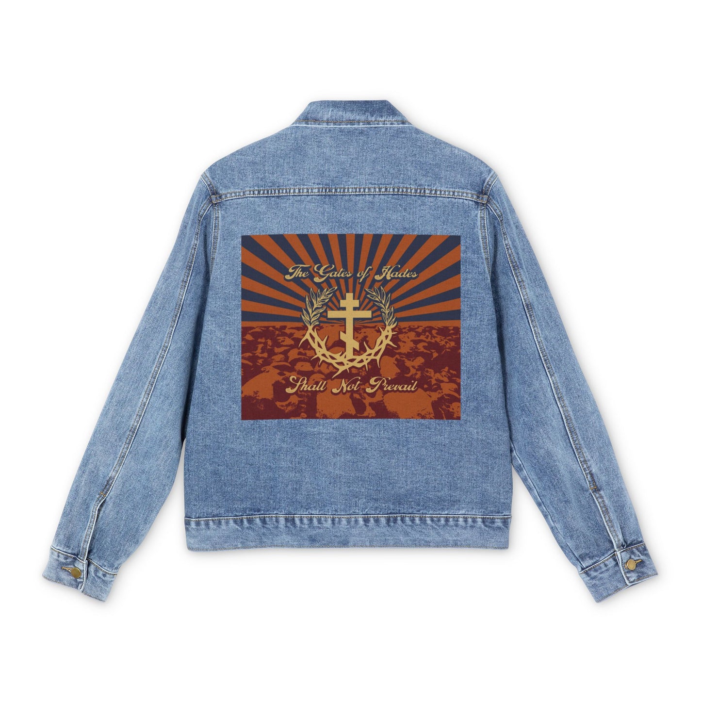The Gates of Hades Shall Not Prevail | Cross with Wreath & Crown of Thorns | Skulls and Rays | Orthodox Christian Blue Denim Jacket