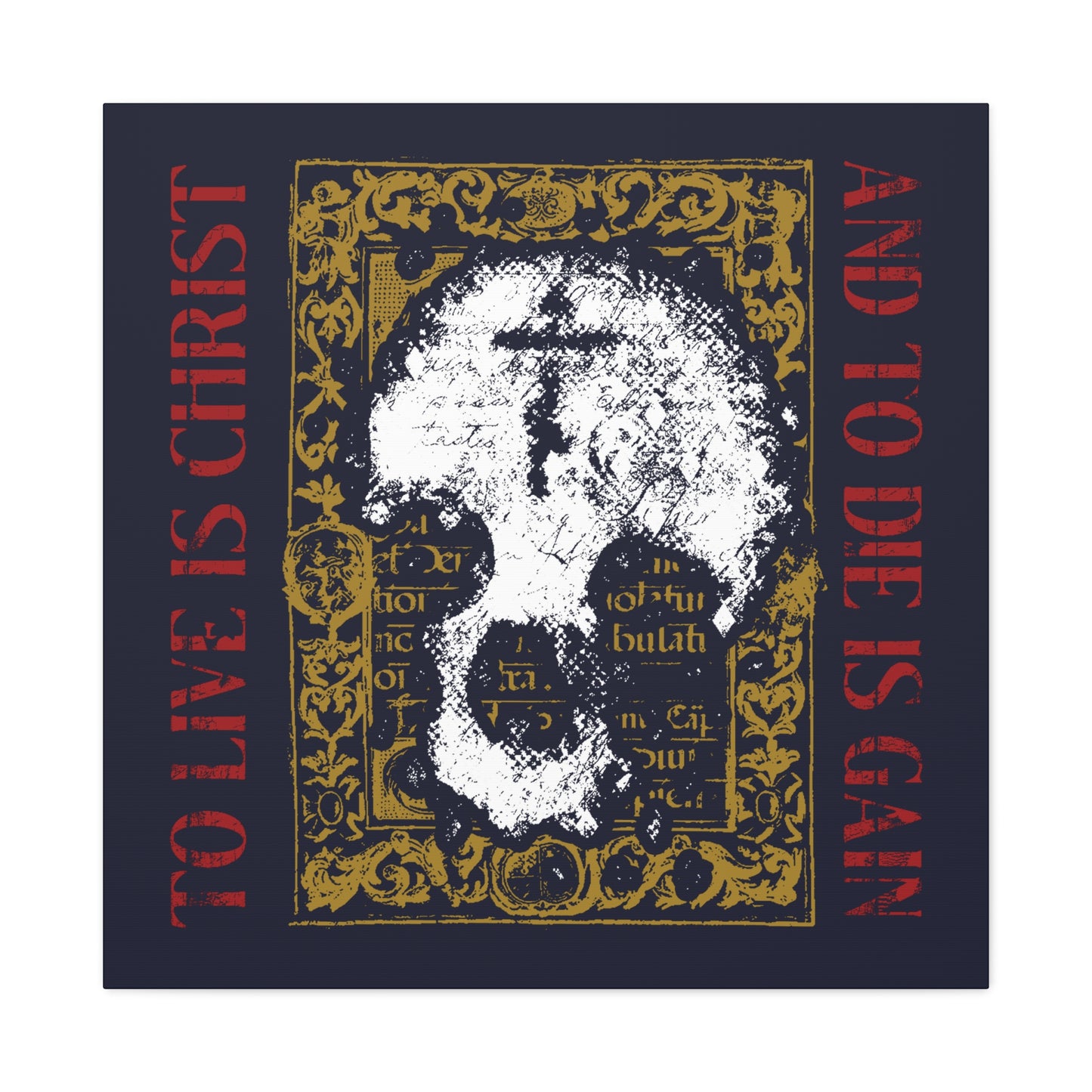 To Live is Christ, to Die is Gain (Philippians 1:21) | Skull with Cross on Gold Manuscript Texture | Orthodox Christian Canvas Art