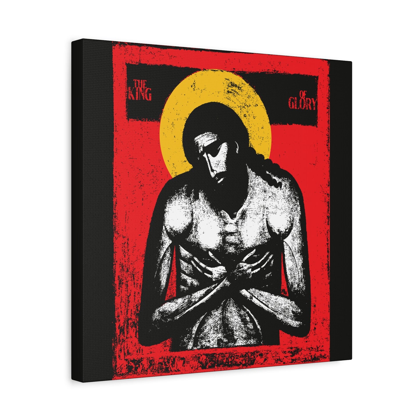 The King of Glory Jesus Christ "Extreme Humility" IconoGraphic features stylized religious art with a yellow halo, red background, and “The King of Glory” text, perfect as Christian devotional wall art.