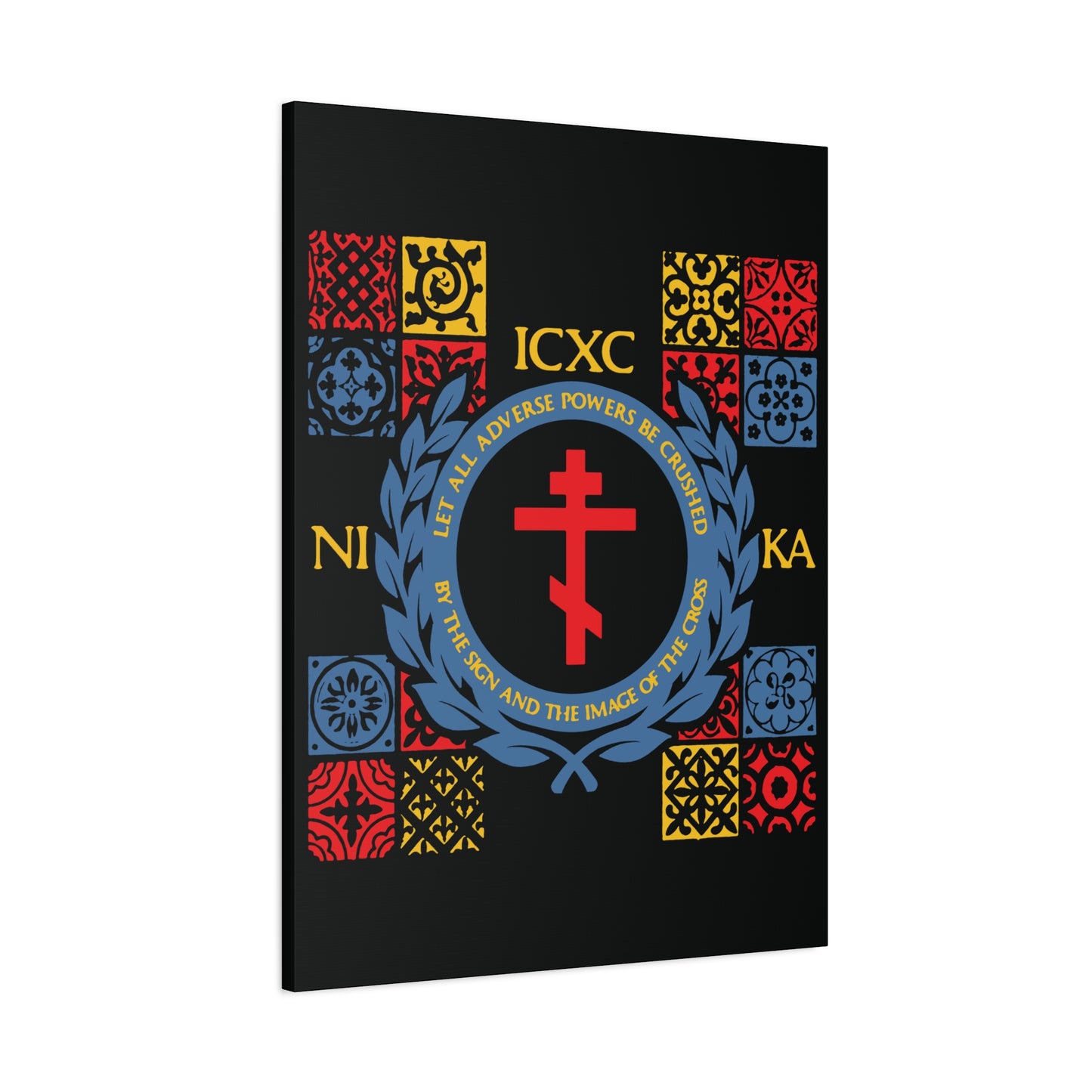 Let All Adverse Powers Be Crushed (Red, Yellow & Blue Design) | ICXC NIKA | Medieval Tile Design | Orthodox Christian Canvas Art