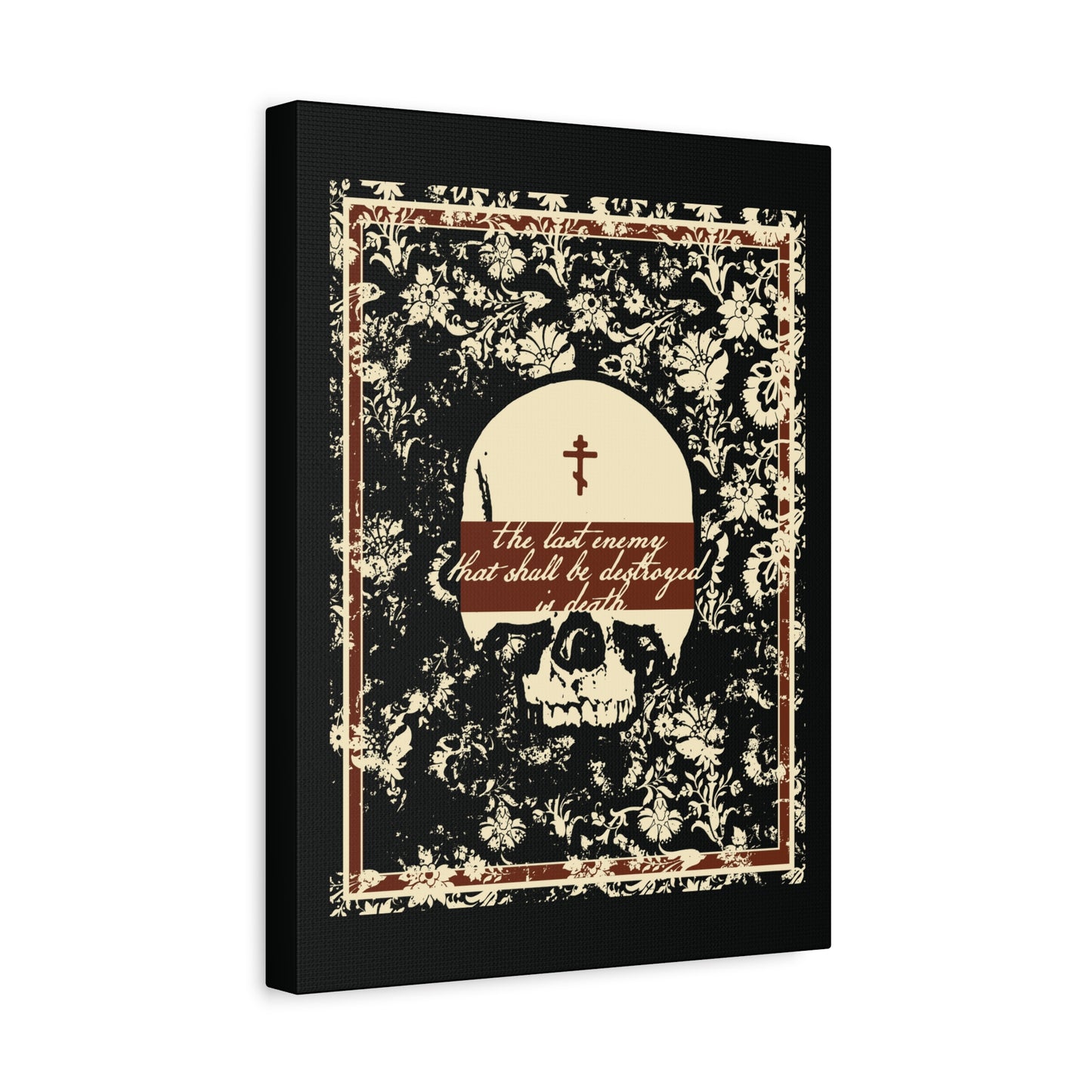The Last Enemy That Shall Be Destroyed is Death (1 Cor 15:26) | Earthtone Skull and Floral Design | Resurrection | Orthodox Christian Canvas Art