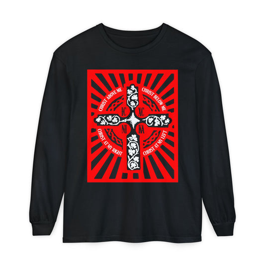 Red ICXC NIKA Enniskillen Celtic Cross | Lorica of St. Patrick | Shield Prayer | Orthodox Christian Long Sleeve Shirt