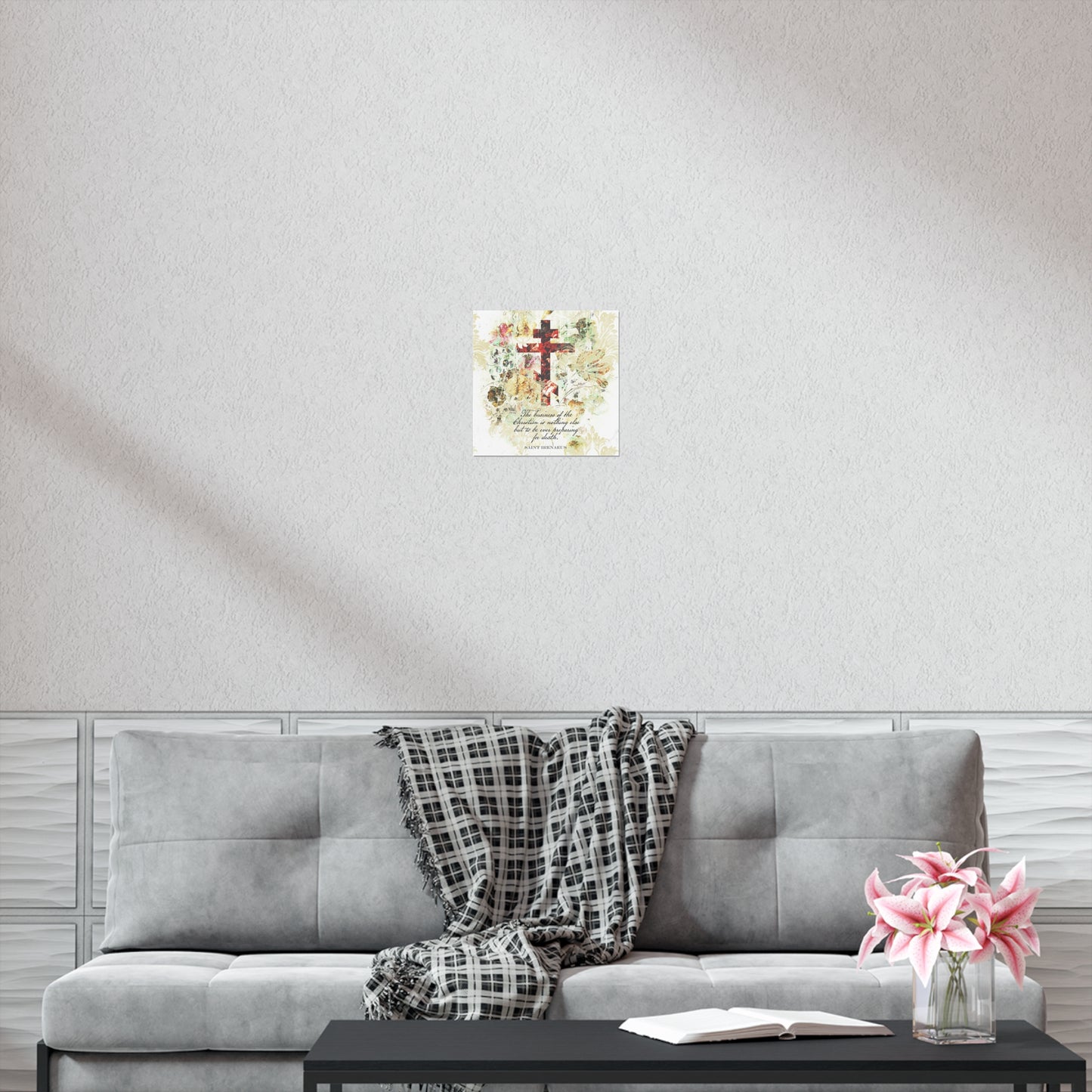 Preparing For Death | White & Beige Floral Scrapbook Texture Cross | Arts & Crafts Style | St Irenaeus | Orthodox Christian Art Poster