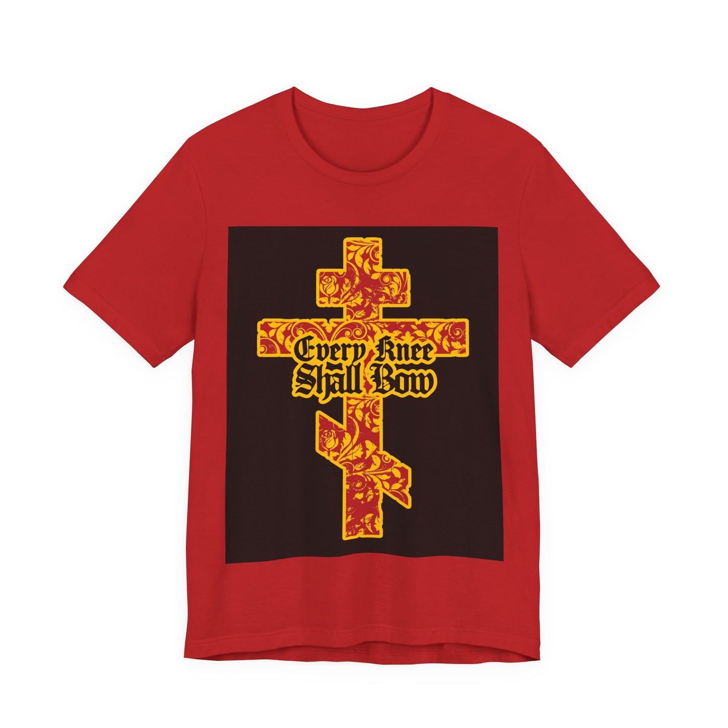 Red unisex tee with a gold and red floral Orthodox cross and Gothic "Every Knee Shall Bow" text, inspired by Isaiah 45:22-24 and Philippians 2:7-11. Christian design.