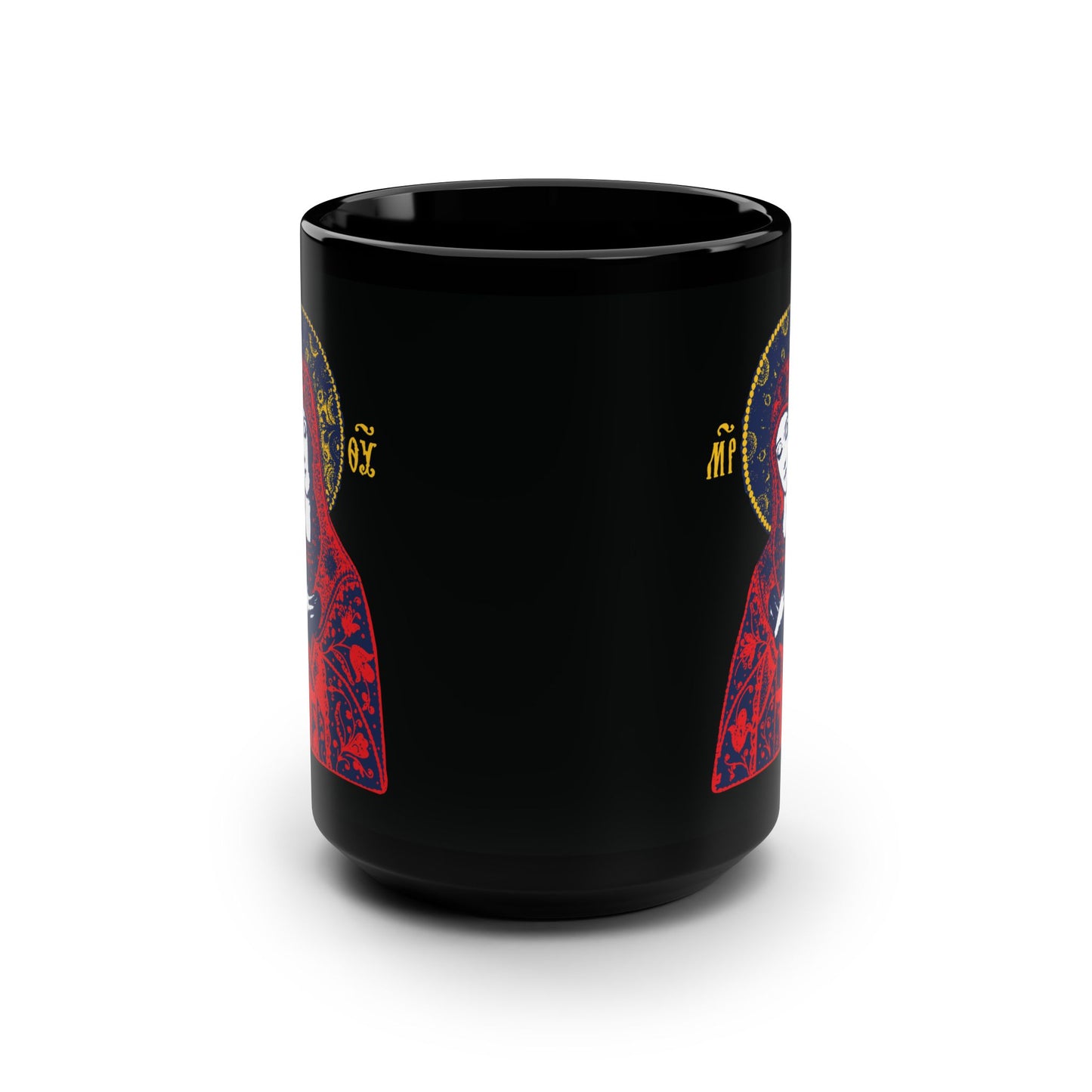 Joy of All Joys Tenderness Theotokos Iconographic Based on Traditional Orthodox Iconography | Red Design | Orthodox Christian Black Mug