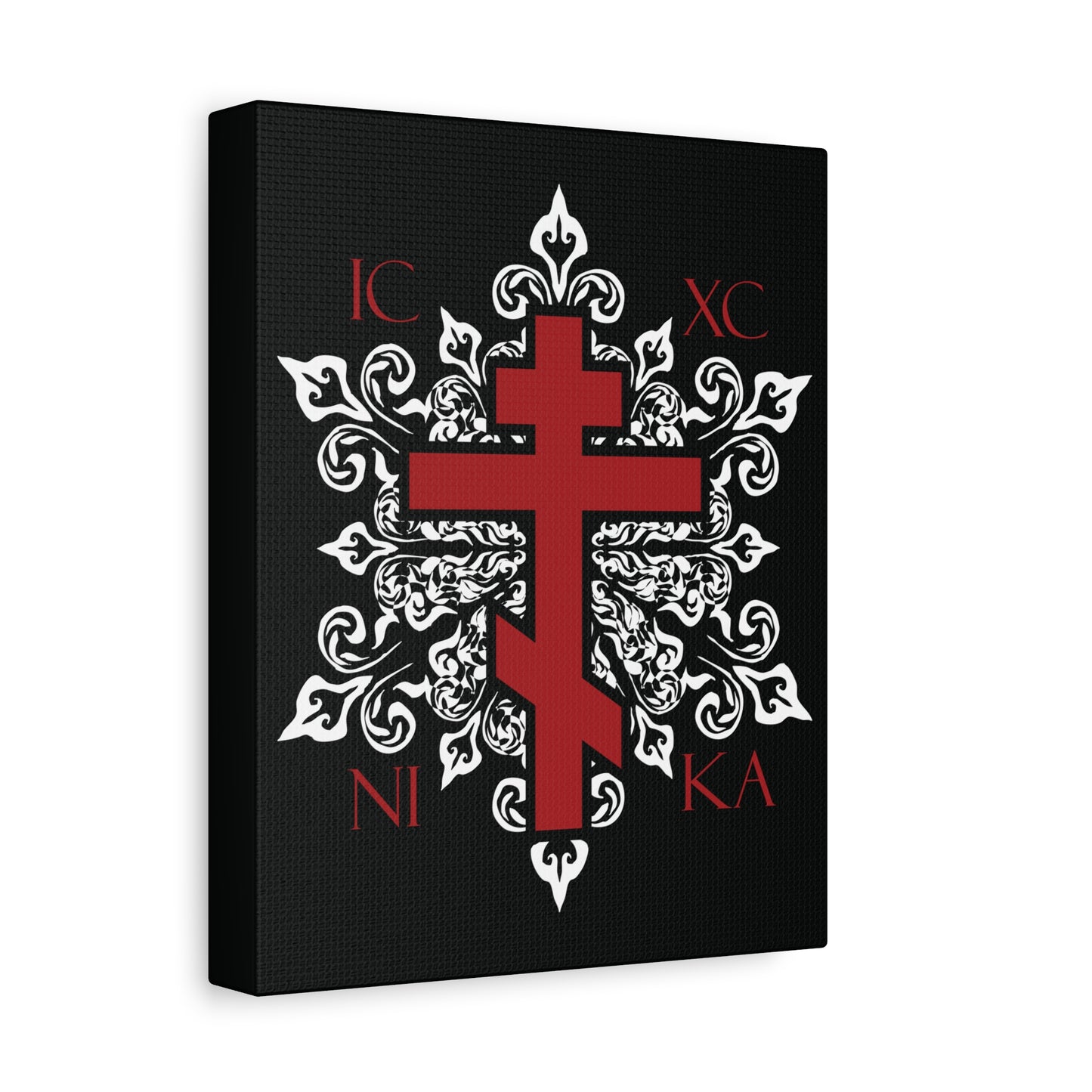ICXC / NIKA Red Orthodox Cross on Ornate White Medieval Floral Design | Exclusive Best-Selling | Orthodox Christian Canvas Art