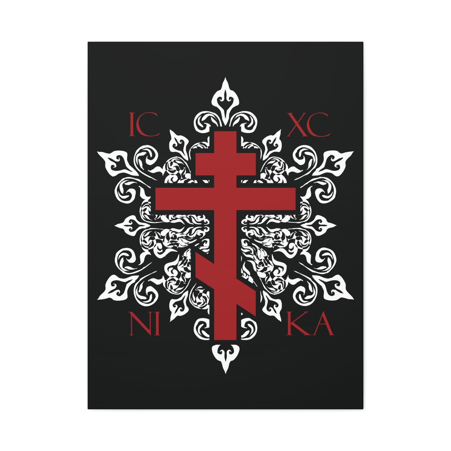 ICXC / NIKA Red Orthodox Cross on Ornate White Medieval Floral Design | Exclusive Best-Selling | Orthodox Christian Canvas Art