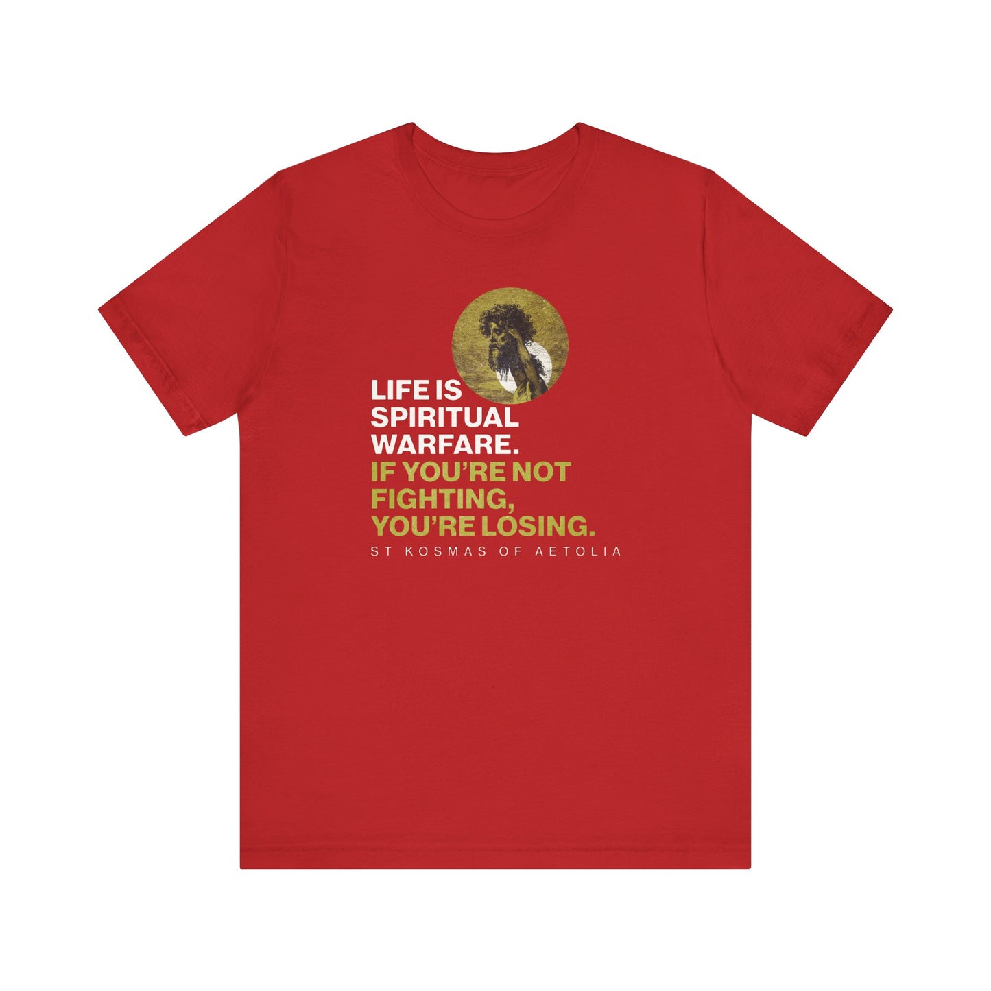 Red "Life is Spiritual Warfare" tee featuring St Kosmas of Aetolia, Gustave Dore’s art, and David & Goliath imagery. This lightweight Orthodox unisex shirt boldly reminds you of the ongoing spiritual battle.