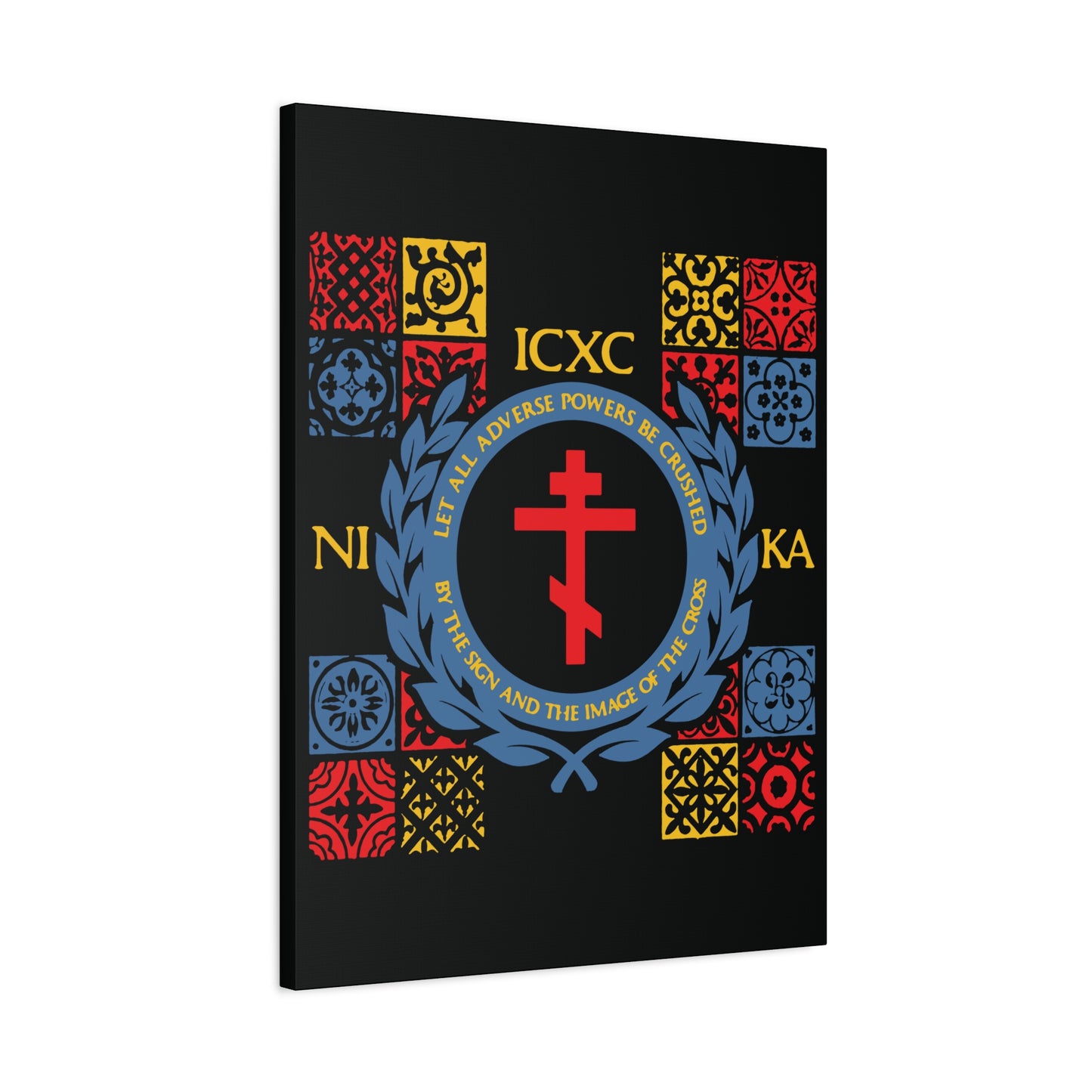 Let All Adverse Powers Be Crushed (Red, Yellow & Blue Design) | ICXC NIKA | Medieval Tile Design | Orthodox Christian Canvas Art