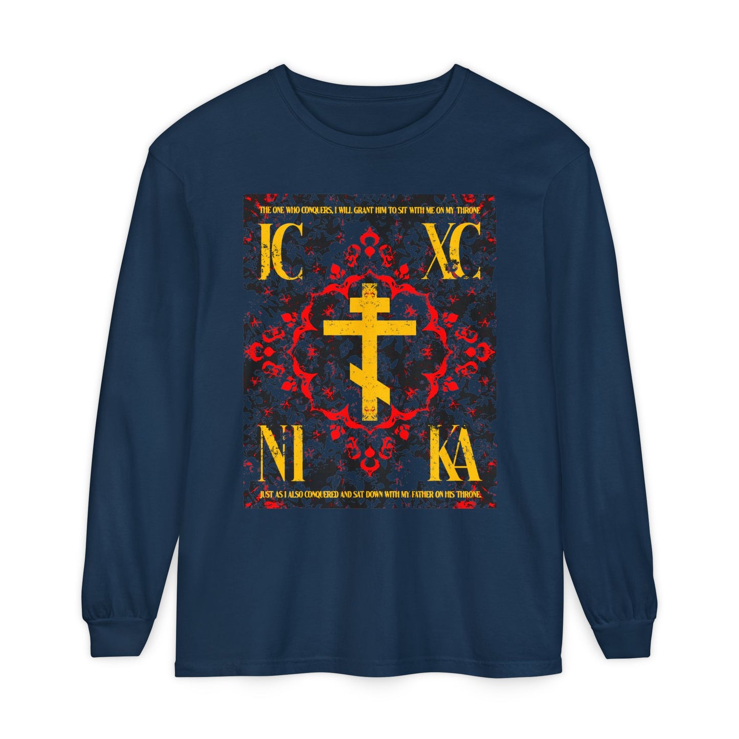IC XC NIKA Orthodox Cross | Medieval Floral Design | The One Who Conquers (Revelation 3:21) | Orthodox Christian Long Sleeve Shirt
