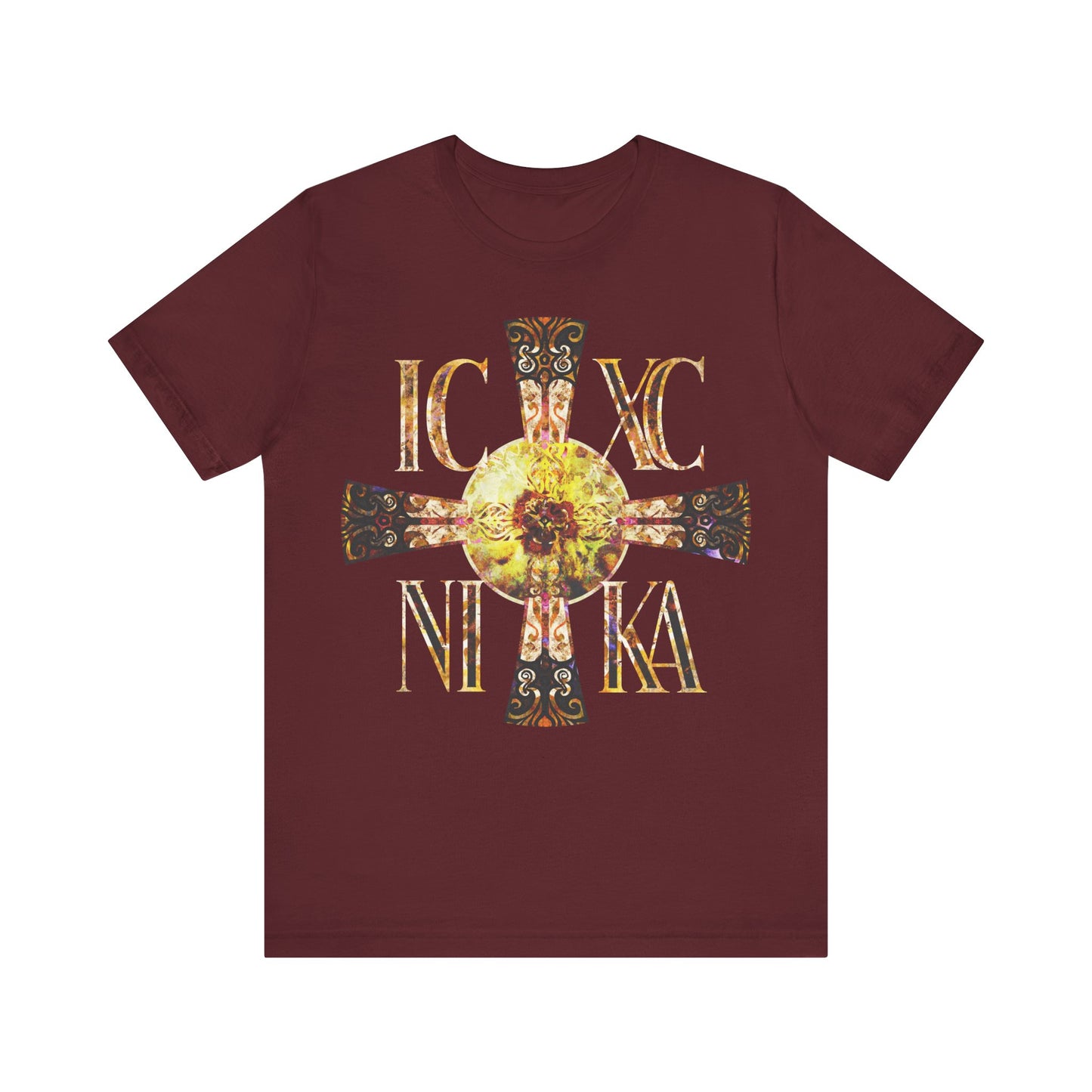 ICXC NIKA Celtic Style Equal Armed Cross | Bright Solar Texture | Orthodox Christian T-Shirt