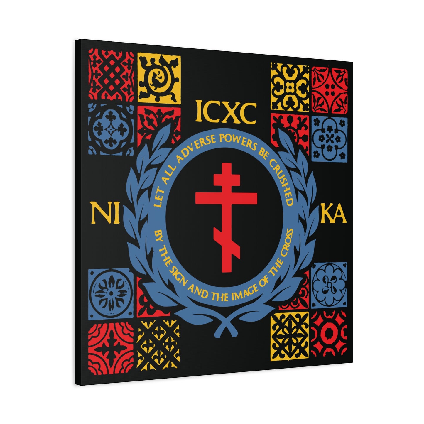 Let All Adverse Powers Be Crushed (Red, Yellow & Blue Design) | ICXC NIKA | Medieval Tile Design | Orthodox Christian Canvas Art