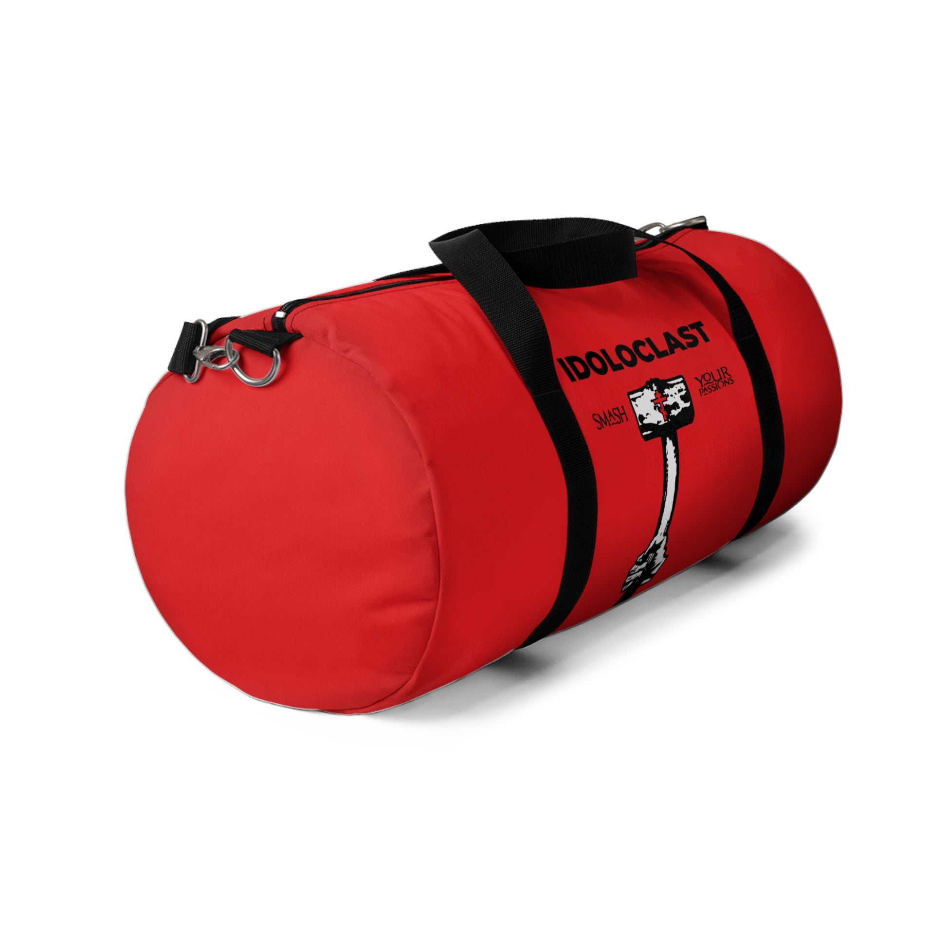 A bold red Orthodox Christian gym duffel bag, the Idoloclast Idol-Smasher, features black straps and a Jesus NIKA fist with sledgehammer graphic—"Smash Your Passions" inspired by St. John Climacus.