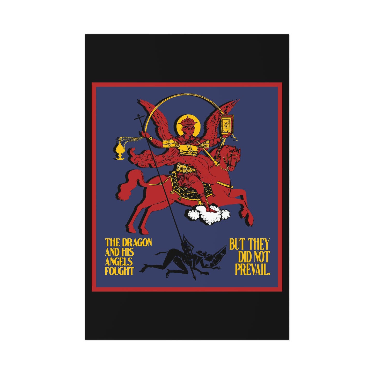Archangel Michael of the Apocalypse IconoGraphic (Revelation 12:7-8) | Red Angel and Horse on Blue Background | Orthodox Christian Art Poster